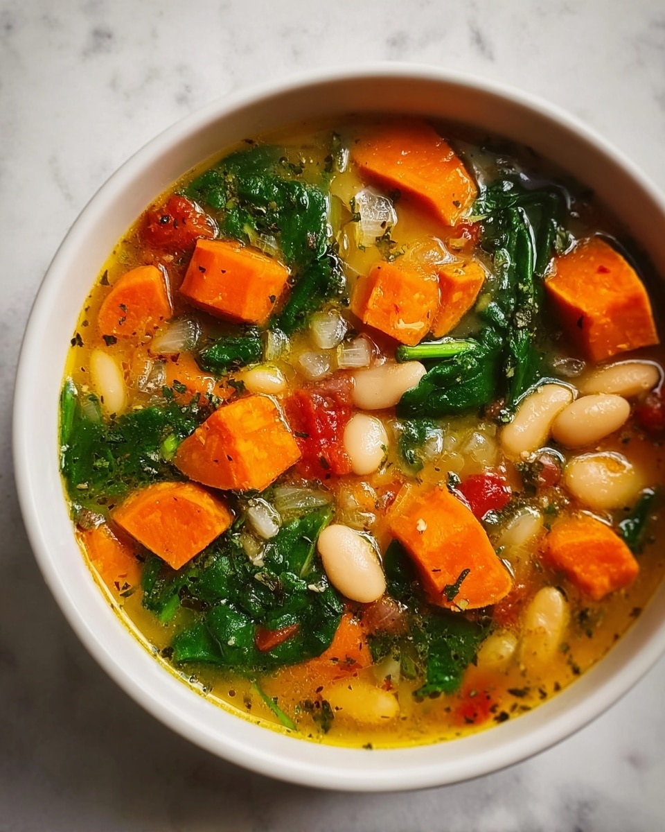 A white bowl filled with a colorful vegetable soup containing three main layers: large orange sweet potato chunks mostly on the top layer, scattered white beans spread throughout, and dark green spinach leaves mixed evenly. There are also small diced onions and pieces of red tomato floating in a light yellow broth with herbs visible. The bowl is placed on a white marbled surface. photo taken with an iphone --ar 4:5 --v 7