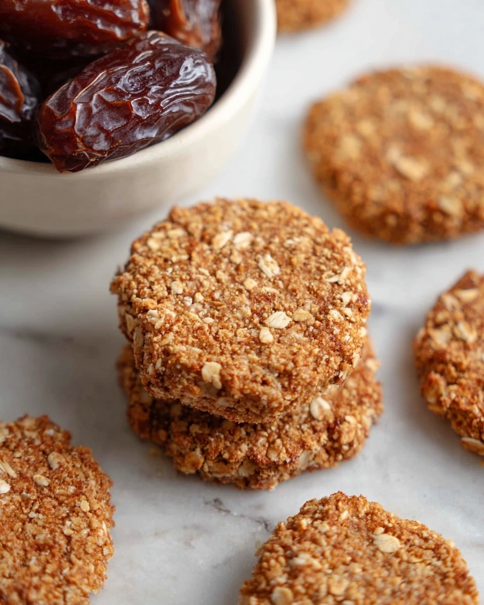 The image shows a close-up of several round, textured oat cookies with a rough surface, light brown color, and visible oats embedded throughout. One cookie is placed on a white marbled surface in the center, partly stacked with another cookie beneath it. Around, there are more similar cookies scattered. In the top left corner, a white bowl holds dark brown, glossy, wrinkled dates. The contrast between the cookies and the shiny dates adds depth to the scene. The background is a white marbled texture. photo taken with an iphone --ar 4:5 --v 7