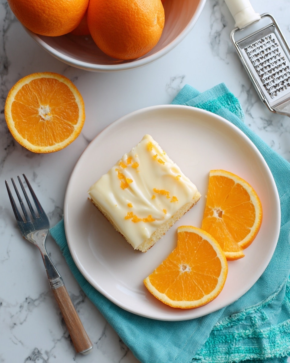 A square piece of creamy white cake with a smooth orange-speckled icing layer sits centered on a white plate, accompanied by two bright orange slices neatly placed on the right side of the cake. To the left of the plate is a halved orange showing its vibrant, juicy interior, while above the plate is a stack of whole oranges partially visible on a white bowl with a turquoise cloth underneath. To the right side of the image, part of a metal spatula with a white handle and an orange peeler with a grater are placed on a white marbled surface. The photo taken with an iphone --ar 4:5 --v 7