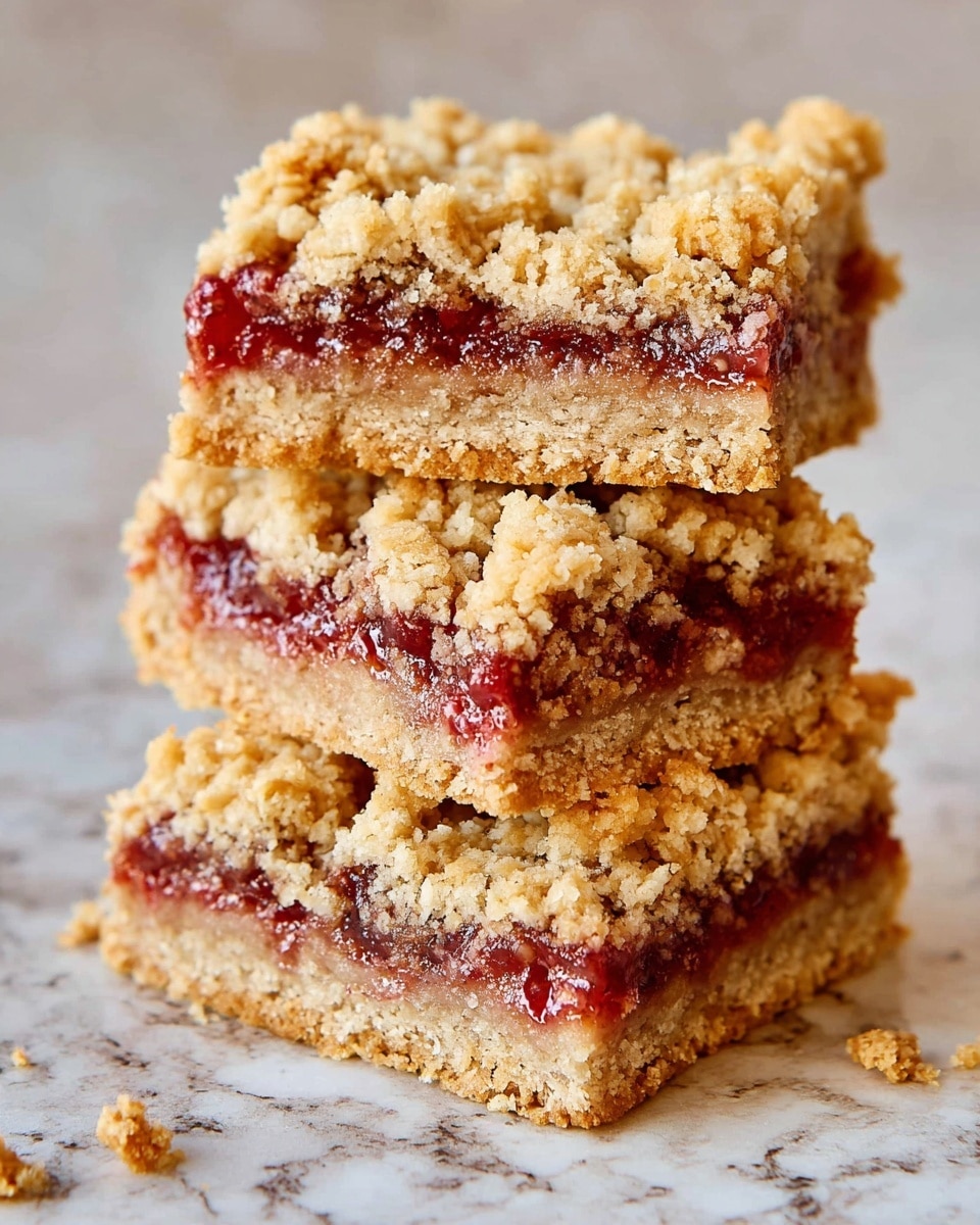 Three oat and jam bars are stacked on each other, each bar showing three clear layers: the bottom and top layers are light golden oat crumbly crusts with a rough texture, and the middle layer is a jam filling with a deep red and slightly translucent appearance. The bars have uneven edges with some crumbs scattered around them. The background is a white marbled texture. photo taken with an iphone --ar 4:5 --v 7