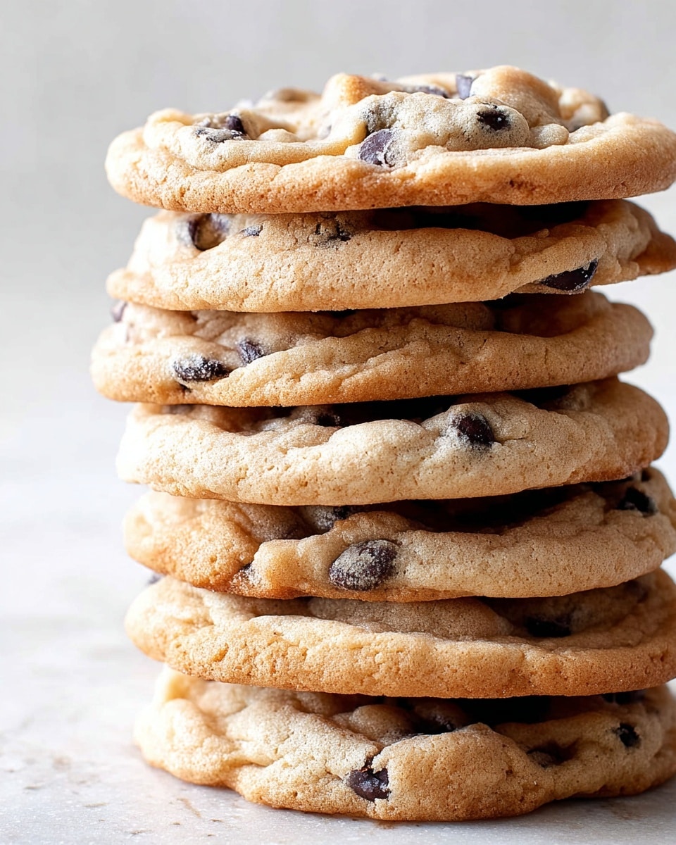 A close-up view of a stack of six chocolate chip cookies, each cookie light golden brown with a soft, slightly uneven texture and dark chocolate chips scattered on top and inside. The cookies are unevenly layered, showing some thickness and visible cookie edges with slight crispiness. The background is a white marbled texture. Photo taken with an iphone --ar 4:5 --v 7