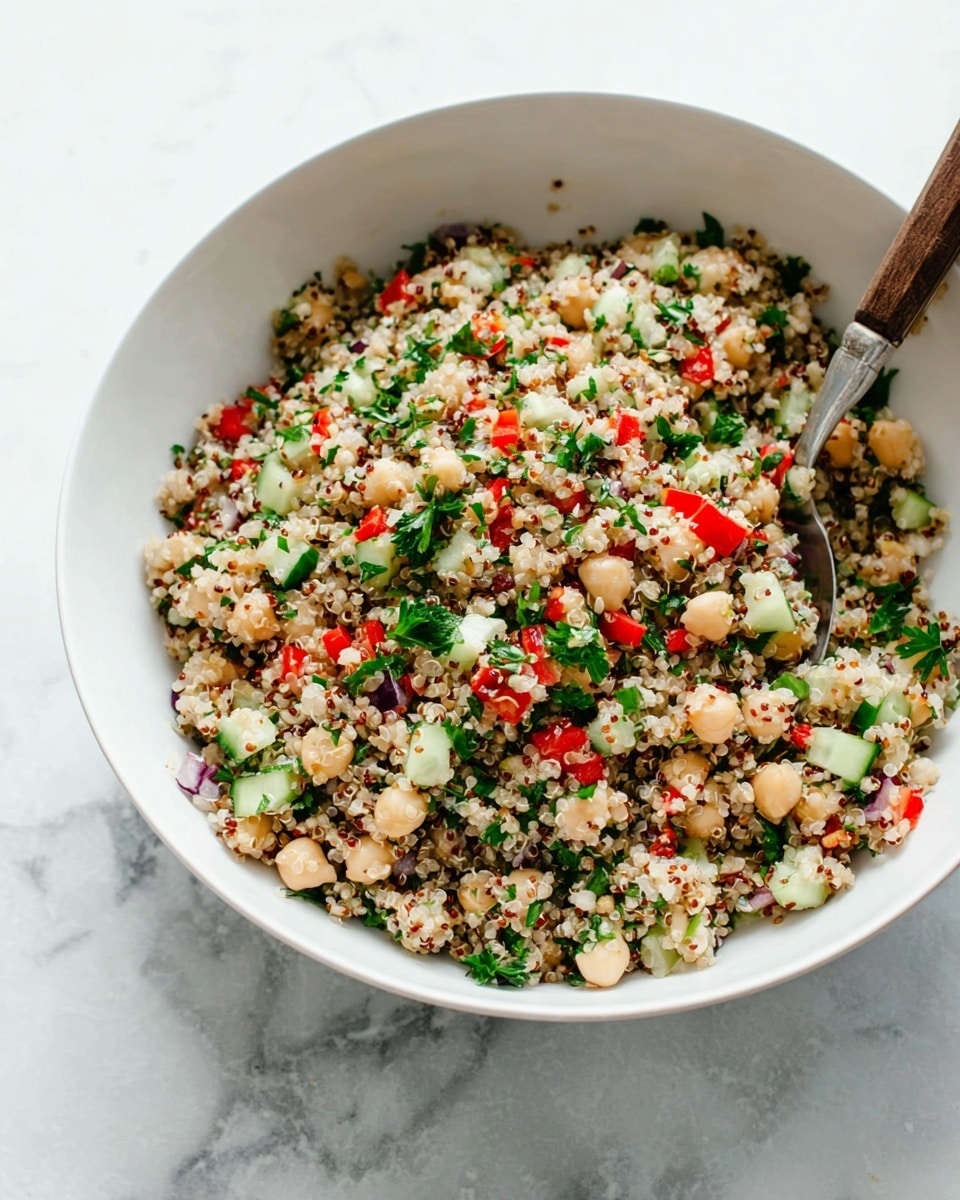 A white bowl contains a colorful salad layered with small green cucumber cubes on the upper left, vibrant chopped parsley on the lower left, bright red bell pepper pieces in the center right, and finely chopped purple red onion on the lower right, resting on a white marbled surface. A light yellow dressing is being poured from a glass container onto the salad, slightly covering the vegetables near the middle. A wooden-handled knife is partially visible resting inside the bowl on the right side. Photo taken with an iphone --ar 4:5 --v 7