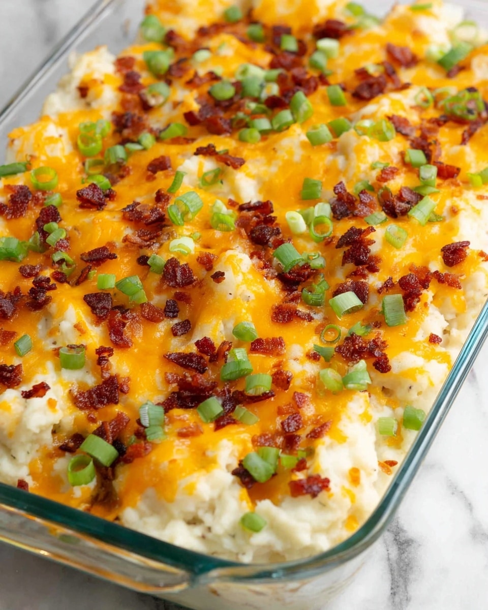 A glass baking dish filled with mashed potatoes topped with melted bright orange cheddar cheese, small crispy dark brown bacon bits, and sprinkled with fresh chopped green onions. The mashed potato layer is creamy white with a smooth texture beneath the cheese. The colorful toppings are spread evenly across the surface, creating a contrast of orange, green, and brown on white potatoes. The dish sits on a white marbled surface. photo taken with an iphone --ar 4:5 --v 7