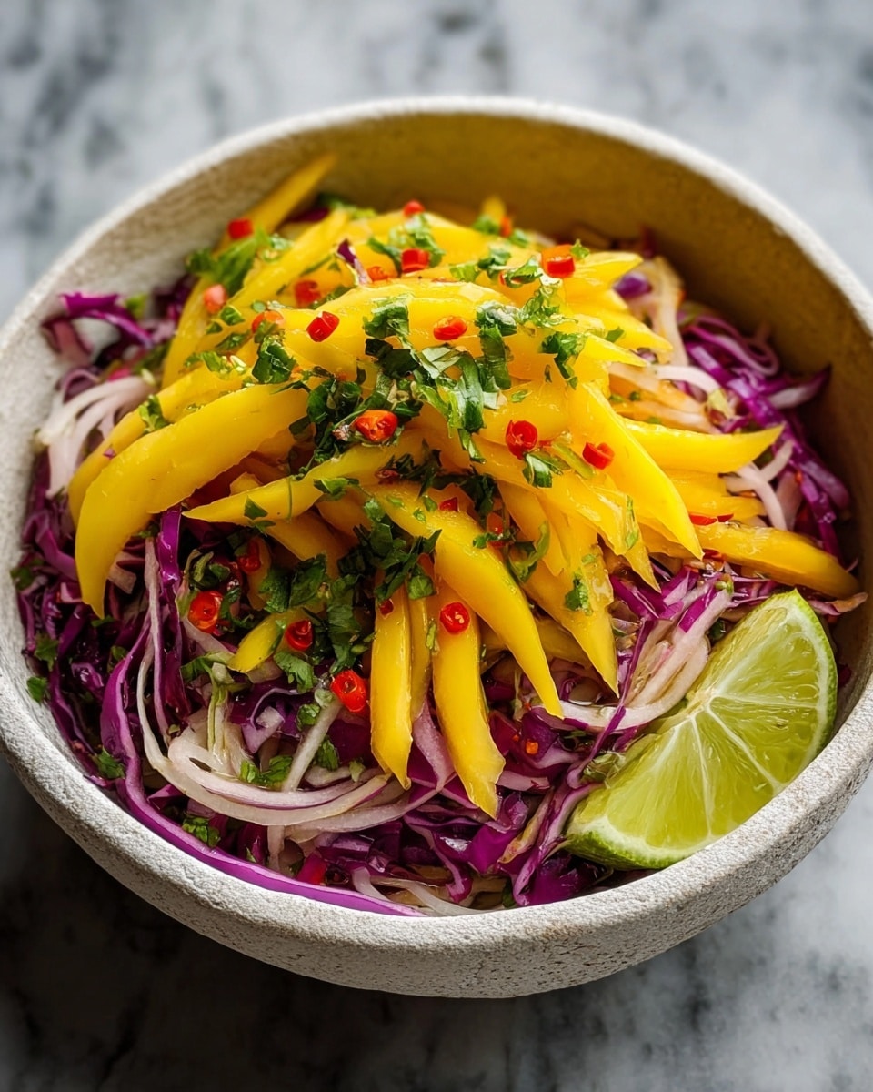 A bowl of fresh salad with three main layers: the base layer is thin slices of purple cabbage mixed with thin white onion slices, the middle layer is bright yellow mango strips placed on top in a loose pile, and the top layer is sprinkled with chopped green herbs and small bits of red chili for color contrast. On the side inside the bowl is a half slice of lime adding a fresh green touch. The bowl is white with a stone-like rough texture and sits on a white marbled surface. photo taken with an iphone --ar 4:5 --v 7