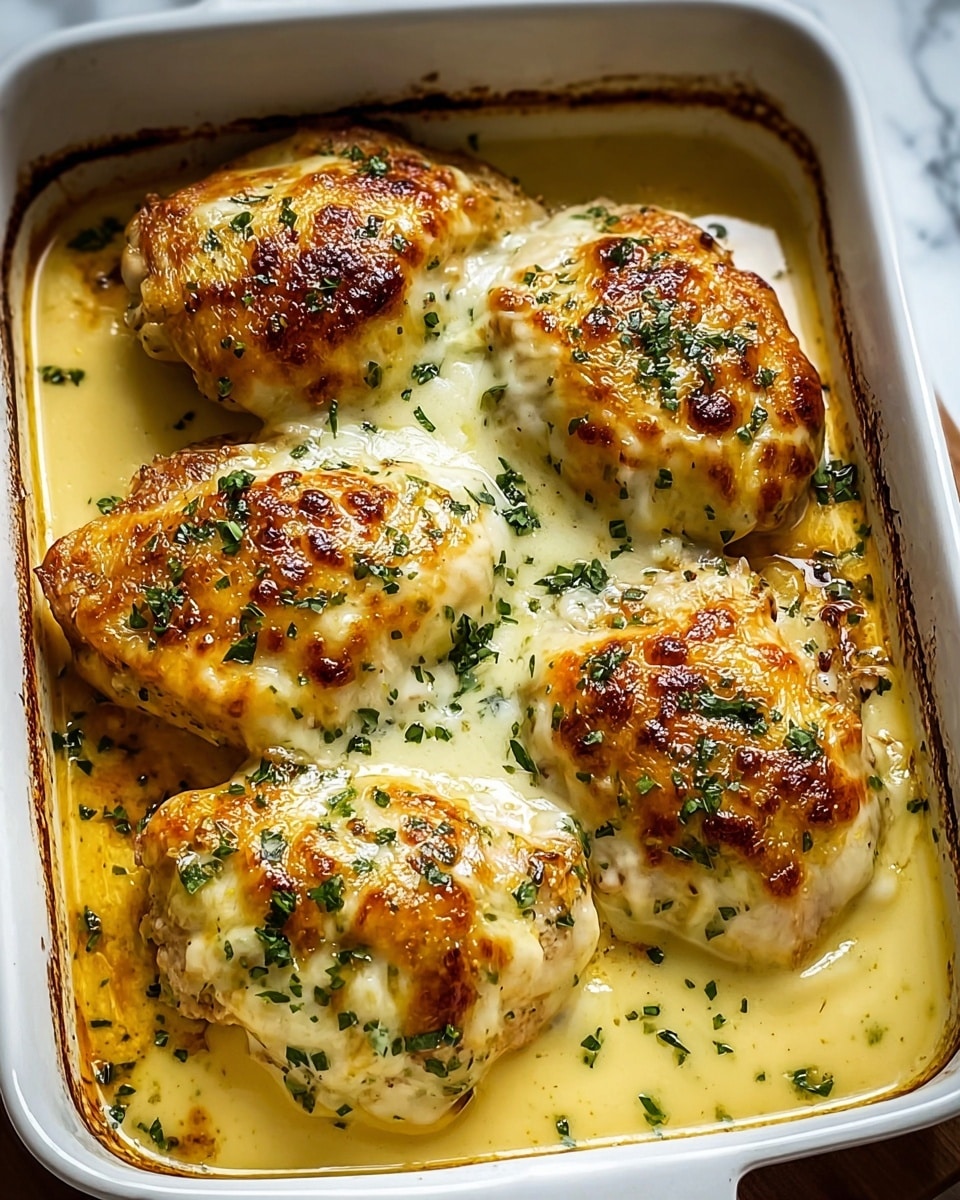 The image shows a white baking dish with four large pieces of golden-brown baked chicken topped with a melted, creamy cheese layer with browned spots and sprinkled green herbs. The chicken is partially submerged in a thick, light yellow creamy sauce, which pools around the pieces and has a shiny texture. The edges of the baking dish have slight browning from the sauce. The background surface is a white marbled texture, adding a clean and bright look to the photo. Photo taken with an iphone --ar 4:5 --v 7