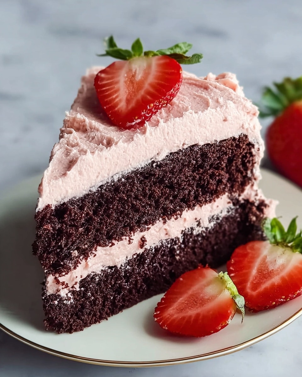 A two-layer dark chocolate cake slice is placed on a white plate with a thin gold rim on a white marbled textured surface. Each cake layer is dense and moist, separated by a thick middle layer of light pink creamy frosting, which also covers the entire top and sides of the cake slice. The top frosting layer is slightly textured and decorated with a thin slice of fresh red strawberry with green leaves. Two halved strawberries are placed next to the cake on the plate, showing vibrant red interiors and green tops. Photo taken with an iphone --ar 4:5 --v 7