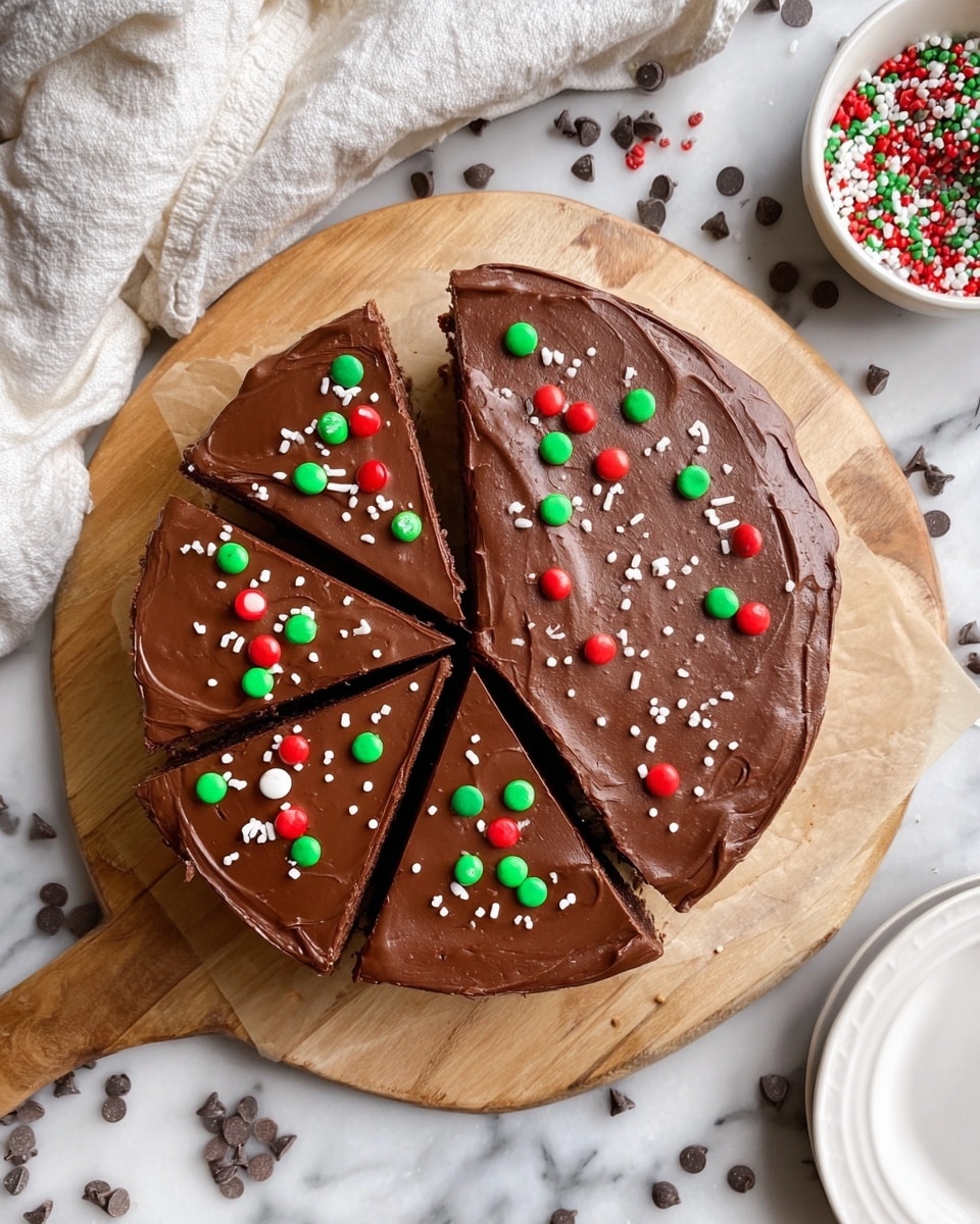 A close-up of a two-layer dessert square on a white plate with a white marbled texture underneath, showing the bottom layer as a thick, light beige, crumbly base and the top layer as a thick, smooth, dark brown chocolate mousse with textured vertical lines on the side. The top is decorated with small red, green, white sprinkles, and dark chocolate chips scattered around the plate. In the background, there is a blurred view of more dessert pieces on a white plate and a wooden surface. photo taken with an iphone --ar 4:5 --v 7