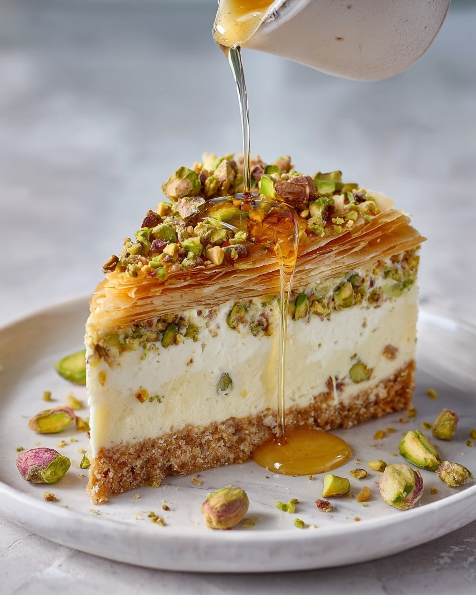 A close-up view of a thick slice of dessert with three distinct layers: the bottom layer is crumbly and golden brown with a rough texture, the middle layer is creamy white and smooth, and the top layer is a shiny, golden-brown flaky crust topped with chopped bright green pistachios. The edges show the crust curling slightly, and the bright green pistachios add a fresh pop of color to the top and partly along the sides of the middle layer. The focus is tight, highlighting the detailed textures of each layer against a soft, blurred white marbled background. photo taken with an iphone --ar 4:5 --v 7