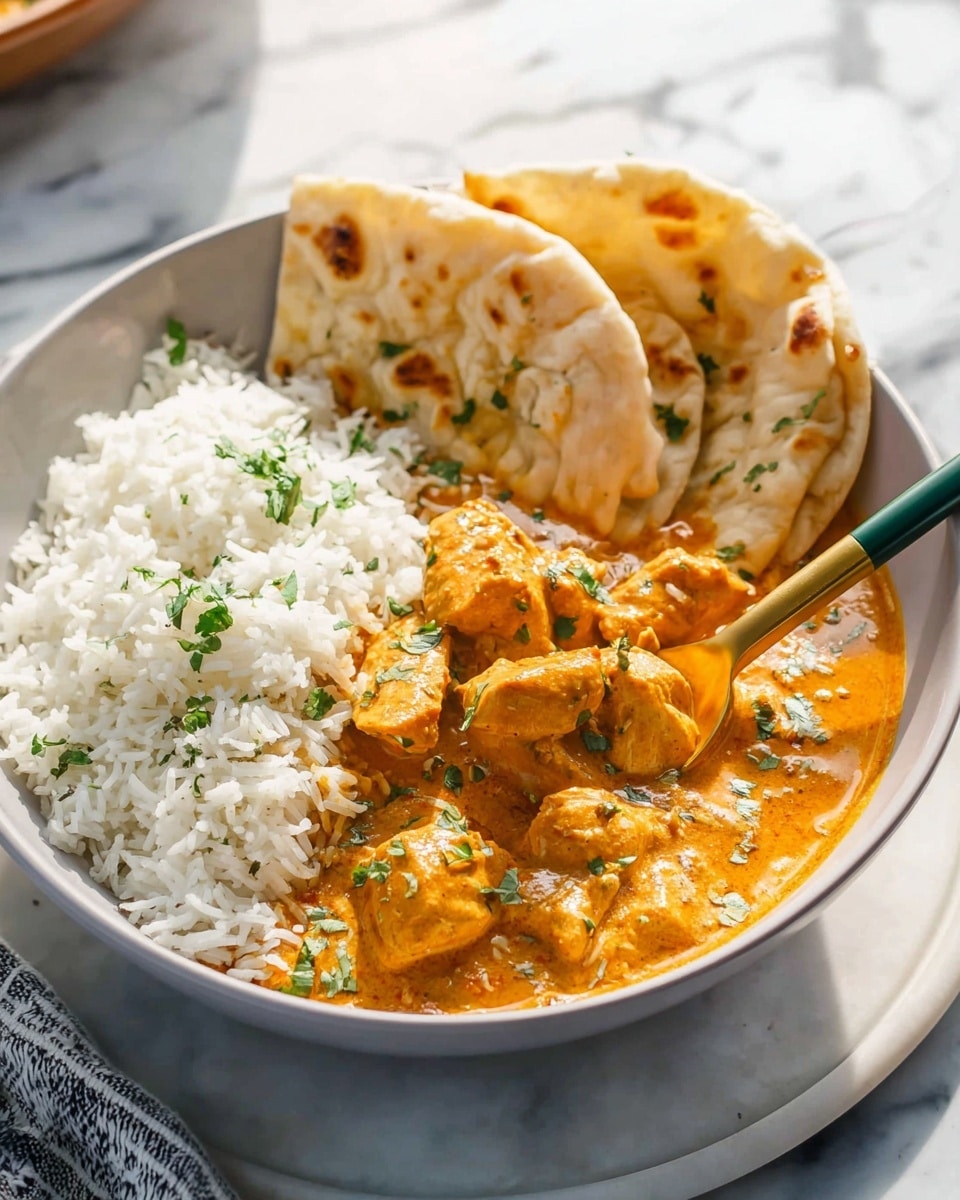 A large light blue pot filled with a thick orange-brown curry sauce with chunks of chicken visible throughout. The sauce has a smooth, creamy texture with a swirl of white cream mixed on top and small green herb bits sprinkled over it. A wooden spatula rests on the right side, partially dipped into the curry. In the background on a white marbled surface, some flatbread pieces and fresh green herbs are visible. Photo taken with an iphone --ar 4:5 --v 7