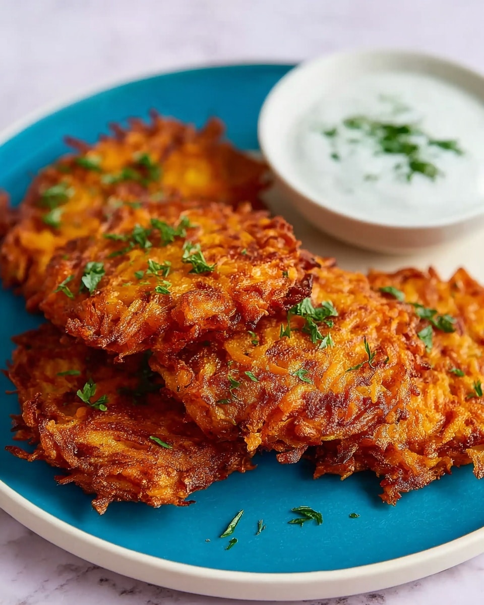 The image shows four crispy, golden-brown fritters with rough, crunchy edges stacked closely on a round white plate with a blue inside. Each fritter has visible grated texture and is topped with small, fresh green herb pieces, giving a bright contrast to the warm orange and brown colors. Behind the fritters sits a small white bowl filled with a smooth, creamy white dip, with a few green herb pieces sprinkled on top. The whole plate is placed on a white marbled surface. photo taken with an iphone --ar 4:5 --v 7