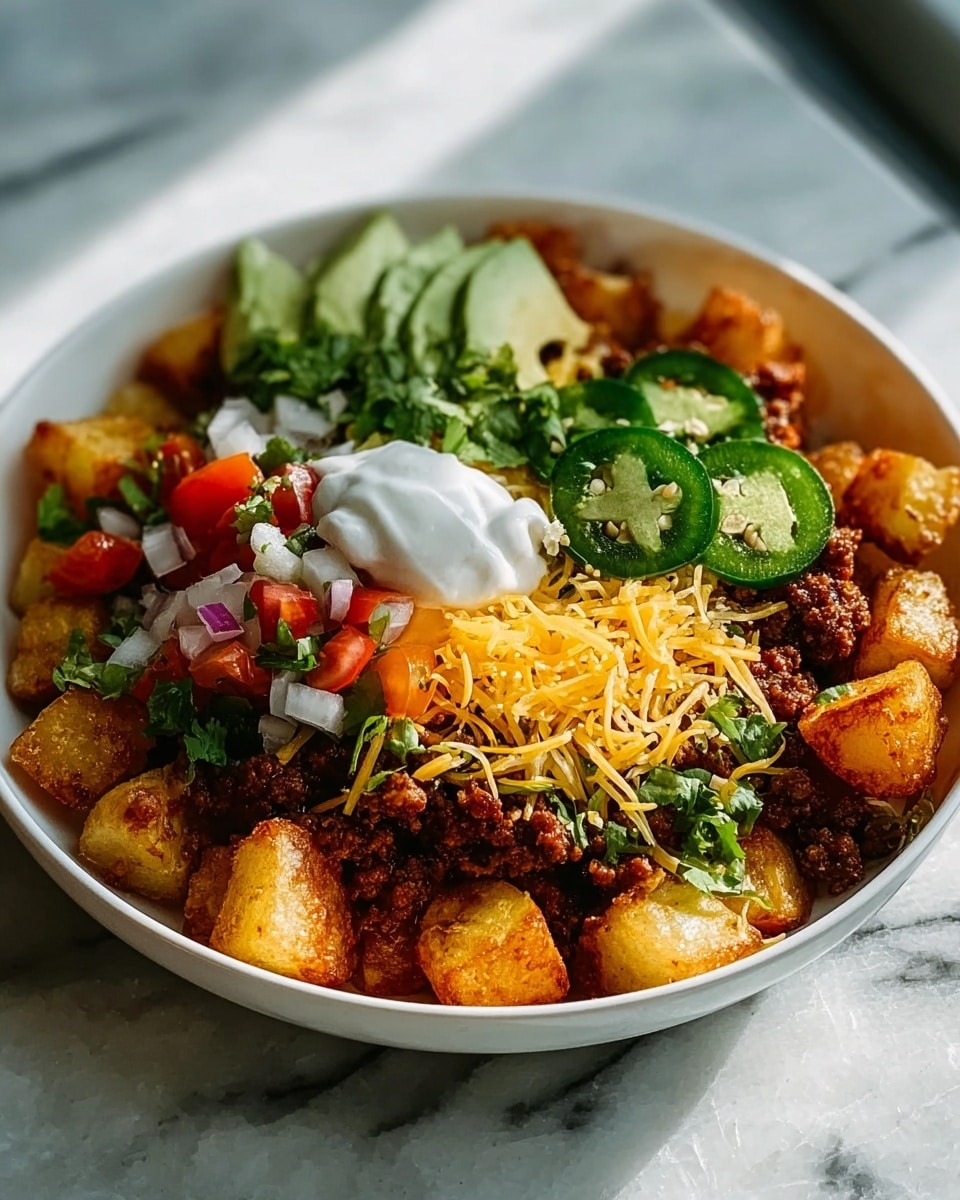 The dish shows a white round bowl filled with several layers. The bottom layer is golden brown roasted potato pieces with a crispy texture, spread all over the bowl. On top of one side, there is cooked minced meat, dark brown with a crumbly texture. Near the meat, there is a fresh mix of diced red tomatoes, finely chopped white onions, and slices of green jalapeño peppers. A dollop of white sour cream with a creamy texture sits in the middle. Thinly sliced green avocado fan out beside the sour cream. Finally, finely shredded yellow cheese and finely chopped green cilantro are sprinkled over the top. The bowl is placed on a white marbled surface with soft natural light. Photo taken with an iphone --ar 4:5 --v 7