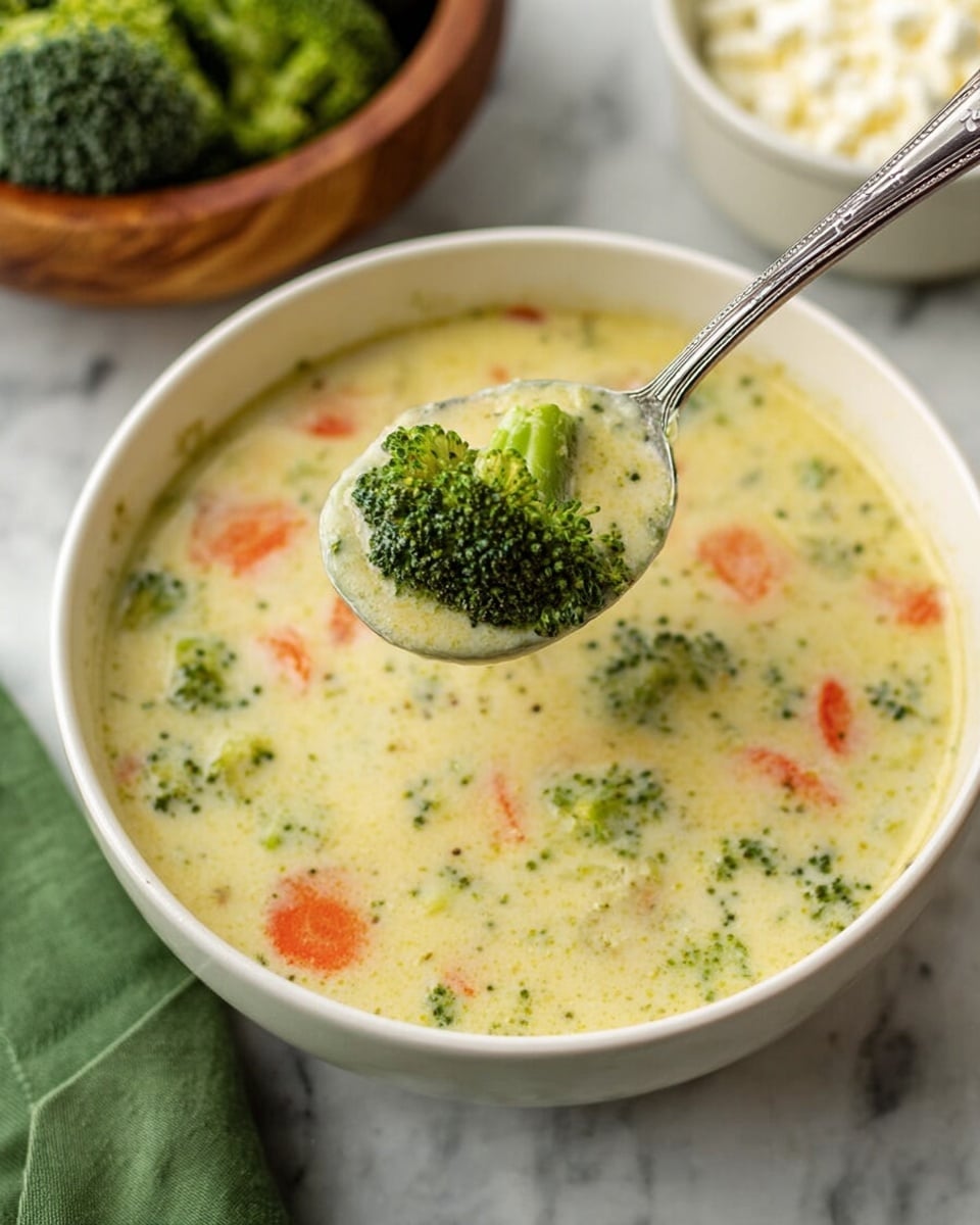 A white bowl filled with creamy broccoli soup that has small green broccoli pieces and slices of orange carrot spread throughout a thick pale yellowish-green liquid. A metal spoon lifted above the bowl holds a piece of broccoli coated in the creamy soup. The bowl sits on a white marbled surface with a green cloth napkin nearby and a wooden bowl with broccoli in the back left. A part of another white bowl with cottage cheese is visible at the bottom right. Photo taken with an iphone --ar 4:5 --v 7