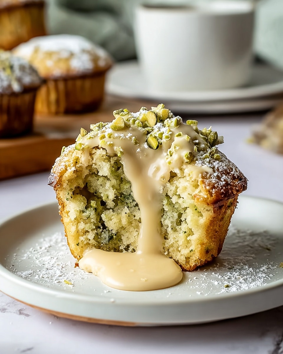 A thick piece of crumb cake sits on a white plate with a rough edge, showing two distinct layers: a moist, light greenish-brown cake base with a soft texture, and a thick, gooey pale green topping that drips down the side. The top layer is covered with a crumbly, darker green streusel sprinkled with powdered sugar. A metal fork is inserted into the crumbly topping, pressing into the cake. The background shows a kitchen setting with soft focus, all on a white marbled surface. Photo taken with an iphone --ar 4:5 --v 7