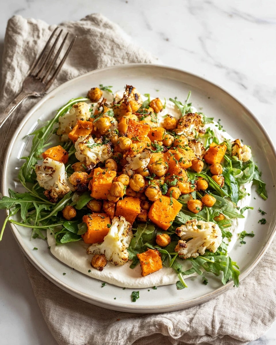 A white plate on a white marbled surface holds a vibrant salad arranged in three layers: the base layer is a smooth, creamy white sauce spread evenly across the plate, topped with a fresh layer of green arugula leaves creating a leafy bed. On top, scattered chunks of bright orange roasted sweet potato and slightly charred white cauliflower florets are mixed with golden-brown roasted chickpeas, sprinkled lightly with chopped green herbs for a fresh touch. A beige cloth and fork rest nearby, completing the simple, fresh presentation. photo taken with an iphone --ar 4:5 --v 7