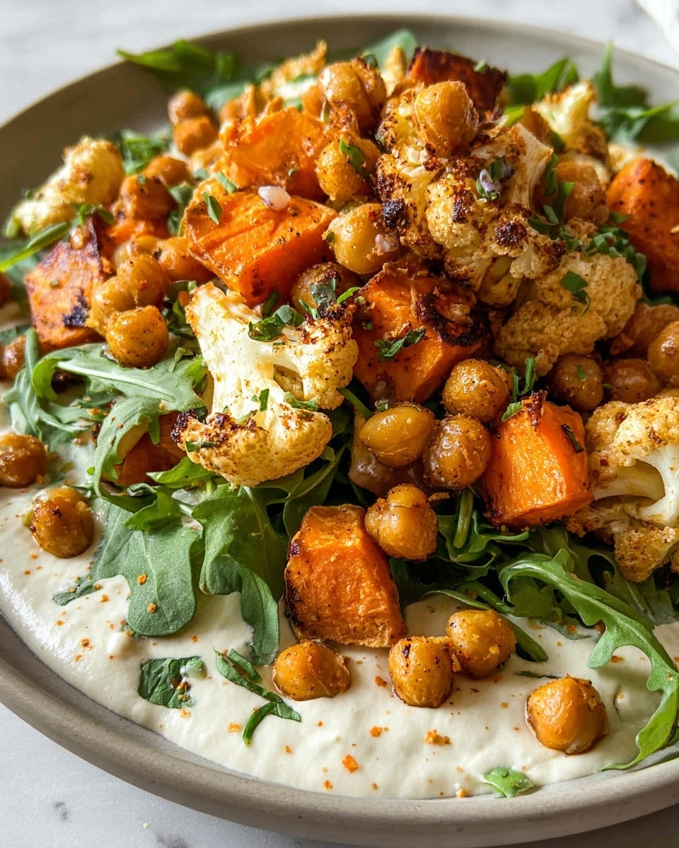 A white plate holds a vibrant dish starting with a base layer of fresh green arugula leaves spread across, topped with a creamy, smooth white sauce that pools slightly around the edges. On top of the sauce sits a generous pile of roasted golden-brown chickpeas, charred light brown cauliflower florets with hints of orange seasoning, and chunky orange sweet potato pieces with lightly browned edges. Small bits of fresh green herbs are sprinkled over the roasted vegetables, adding a pop of color and freshness to the varied textures and warm tones. The presentation is close-up and detailed, highlighting the crispness and seasoning of the roasted ingredients against the smooth cream and leafy greens. Photo taken with an iphone --ar 4:5 --v 7