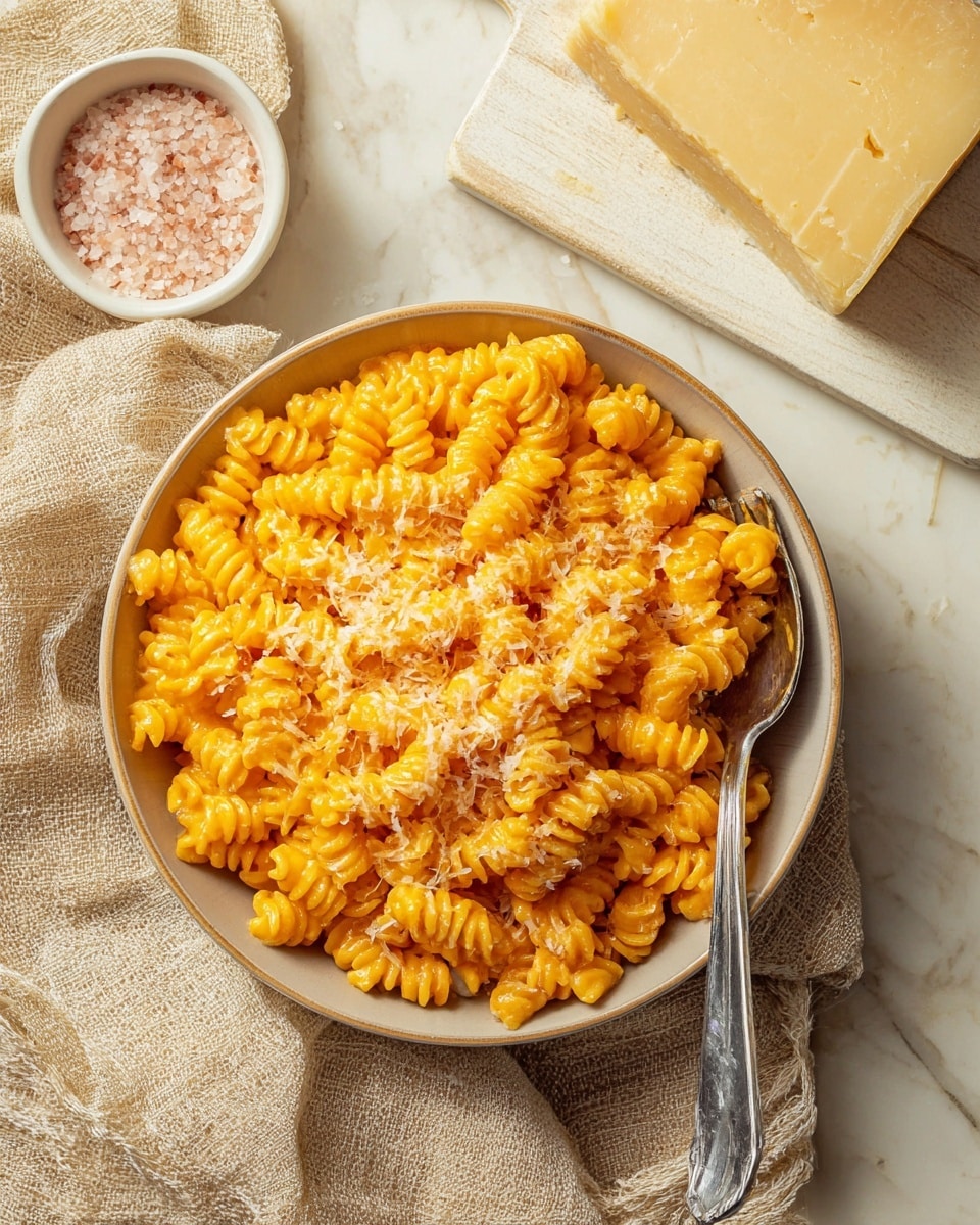 A top view of a silver cooking pot filled with twisted yellow pasta as the base layer, with a thick, creamy orange sauce partially poured on top, covering about a quarter of the pasta. A wooden spoon is inserted vertically in the pot, stirring the sauce into the pasta, blending the two layers together. The pot rests on a white marbled surface. photo taken with an iphone --ar 4:5 --v 7