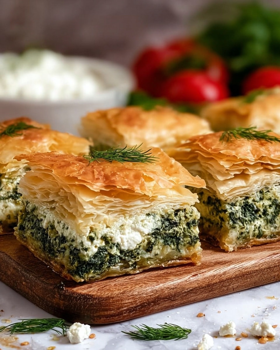 A white square baking dish holds a freshly baked dish cut into nine sections, with a golden-brown, shiny top layer of flaky pastry sprinkled with herbs and seeds. One section is missing, revealing a creamy, white and green filling beneath the top crust, showing layers of smooth, melted cheese and fine, chopped green vegetables. A wooden spoon rests inside the dish, scooping out some filling. The dish sits on a gray textured cloth on a white marbled surface, with a small white bowl of lemon wedges and fresh green herbs nearby. Photo taken with an iphone --ar 4:5 --v 7