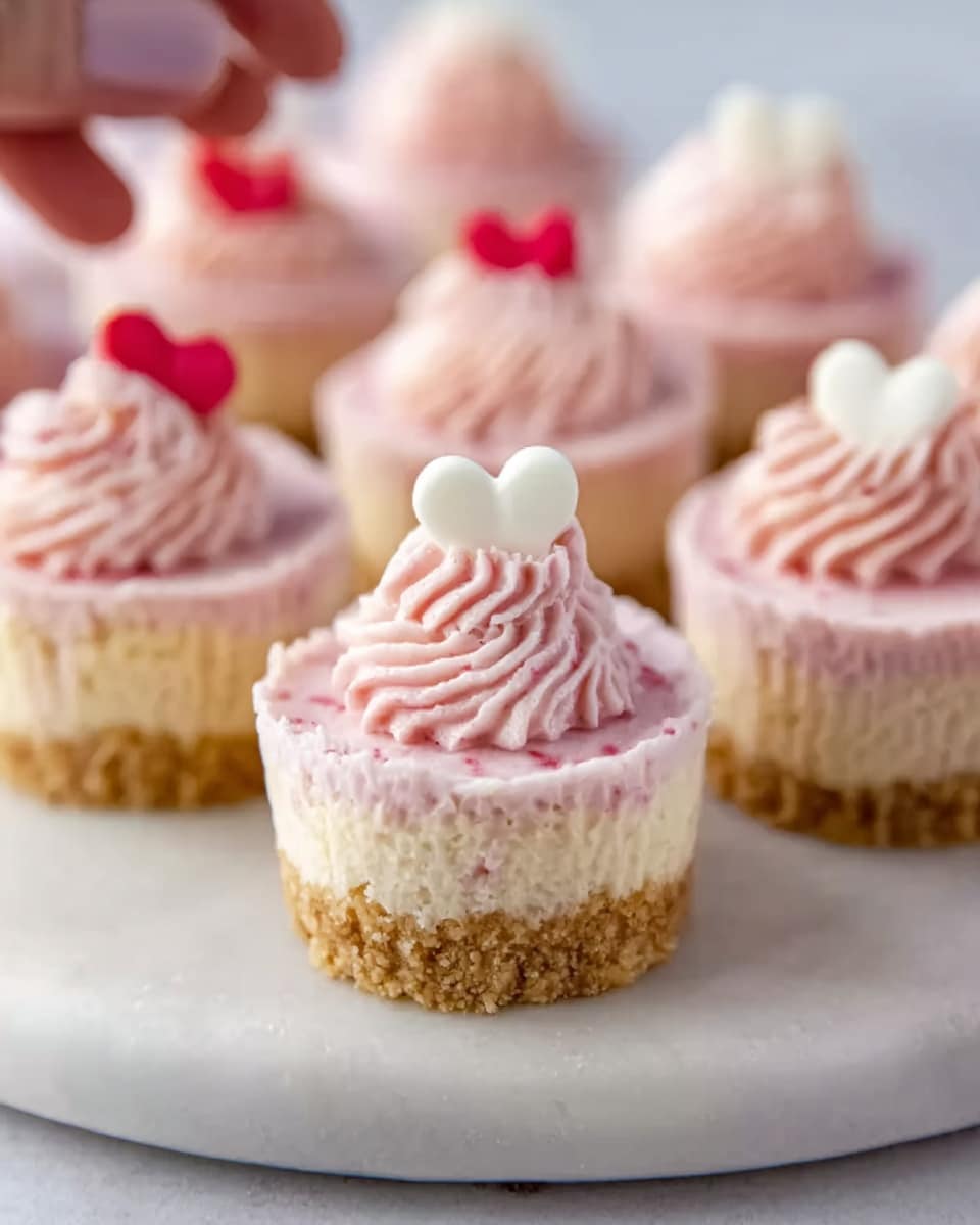 The image shows several small round cheesecake desserts arranged on a white marbled surface. Each cheesecake has three layers: the bottom layer is a crumbly golden-brown crust, the middle layer is a smooth and creamy pale yellow filling, and the top layer is light pink frosting with texture from swirled piping. On top of each dessert, there are small white and red heart-shaped decorations adding color and detail. A woman's hand is reaching into the frame, touching one of the cheesecakes gently. The lighting is bright, highlighting the soft colors and textures. photo taken with an iphone --ar 4:5 --v 7