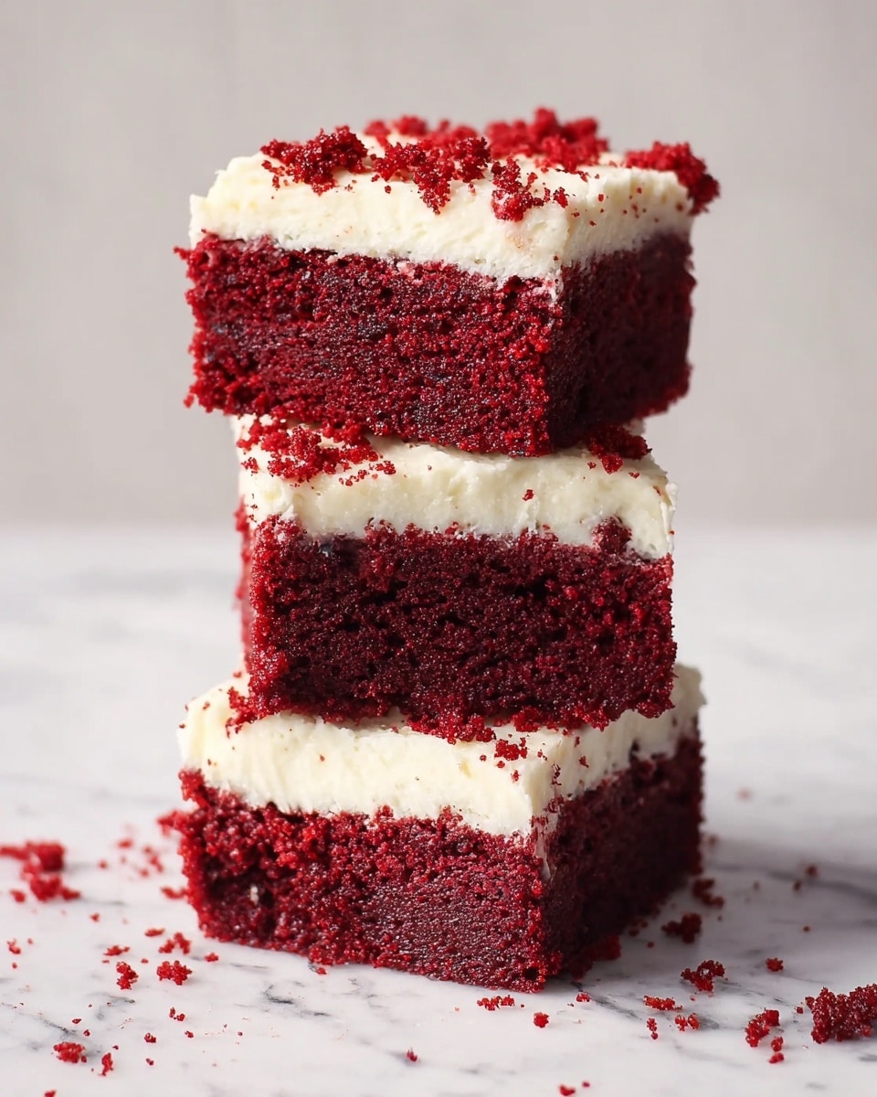 A stack of three square red velvet cake pieces with deep red, moist layers at the bottom and thick, creamy white frosting layers on top of each piece, with small red crumbs scattered on the frosting and around the stack, all placed on a white marbled surface with a soft light background. photo taken with an iphone --ar 4:5 --v 7