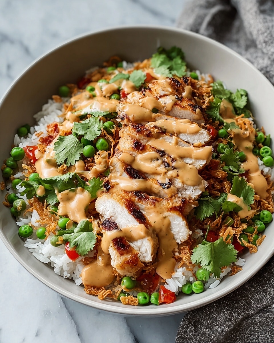 A white bowl filled with soft white rice as the base layer, topped by a layer of crispy golden-brown fried onions and bright green peas with small pieces of red tomato mixed in. On top of this, there are slices of grilled chicken breast, showing tender white meat with a slightly charred brown crust. Fresh green cilantro leaves are scattered over everything, and the dish is finished with a generous drizzle of creamy light brown sauce covering the top. The bowl sits on a white marbled surface with a grey cloth nearby. photo taken with an iphone --ar 4:5 --v 7