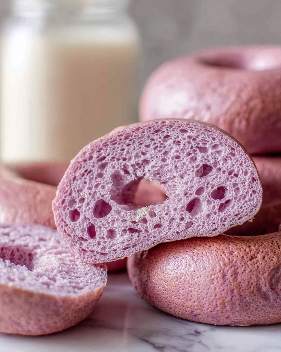 A close-up view of a sliced bagel showing its soft, light purple inside texture with small air pockets, surrounded by the smooth, light brown exterior crust. Behind the sliced bagel, there are three whole bagels with the same color and shine. On the left side, three fresh red strawberries with green leaves add a bright pop of color. In the background on the right, a white bowl with white cream and a white closed jar are partially visible, all placed on a white marbled surface. photo taken with an iphone --ar 4:5 --v 7