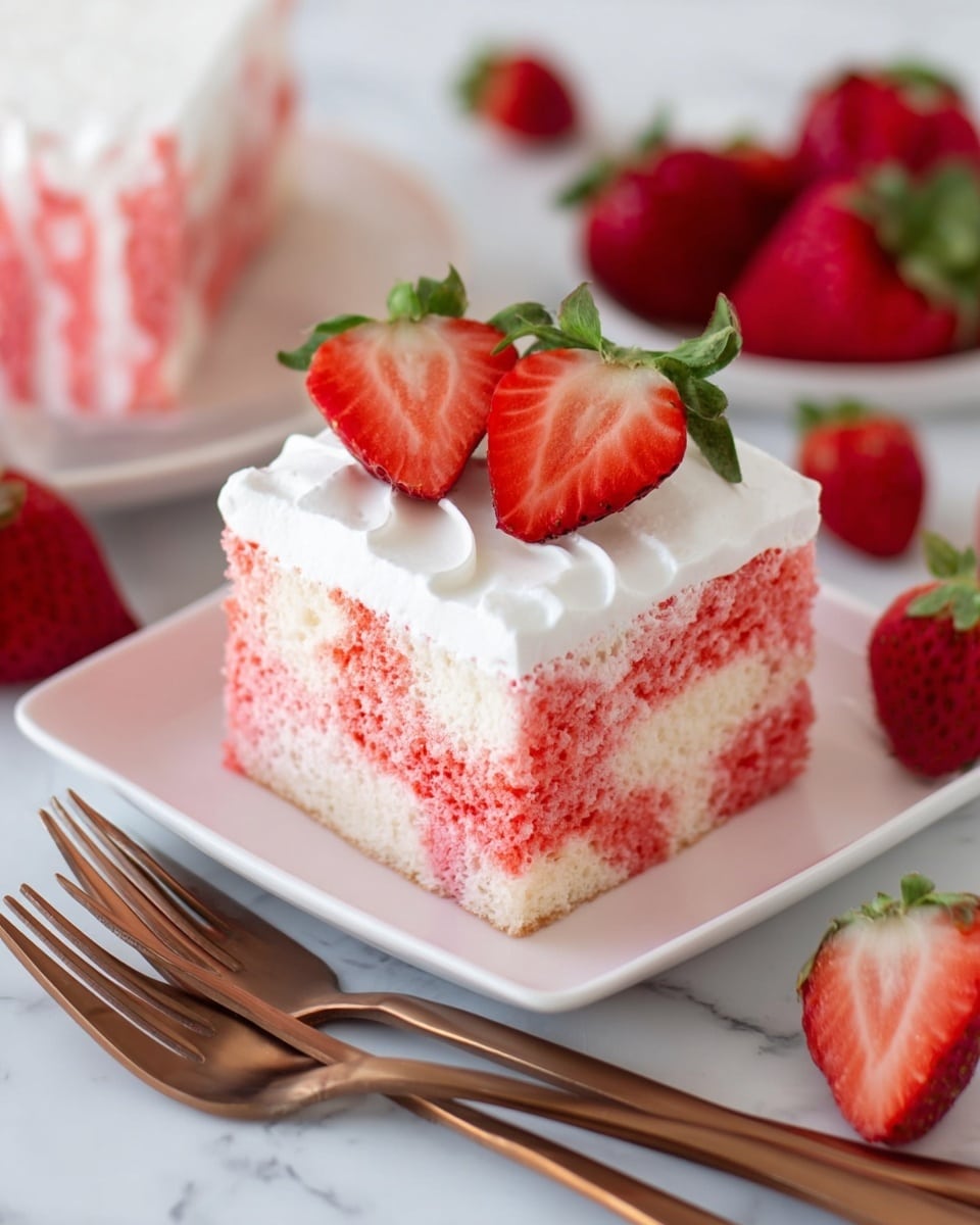 A square slice of pink and white patterned cake is placed in the center of a white plate. The cake has two visible layers: the bottom part shows a soft, spongy pink and white marbled texture, while the top is covered evenly with a smooth white cream layer. On top of this cream are two vibrant red strawberry halves with green leaves, slightly tilted. Around the plate, fresh whole and halved strawberries are scattered. The background is a white marbled texture, and in the foreground, there are two bronze-colored forks lying on the surface. Photo taken with an iphone --ar 4:5 --v 7