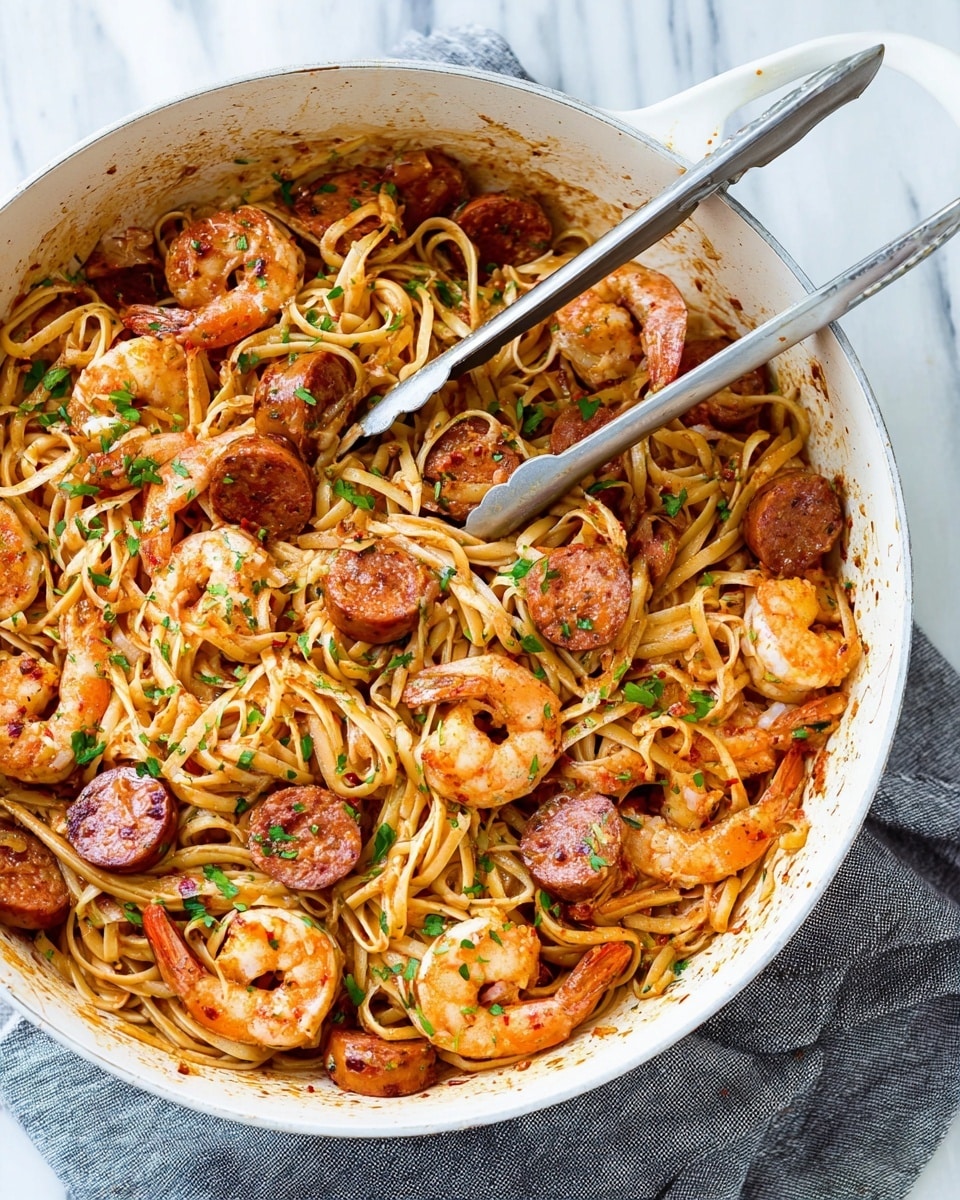 A large white pan filled with cooked linguine pasta tossed with sliced browned sausage and pink, curled shrimp, all coated in a light reddish sauce. The dish is sprinkled with small green parsley leaves and chili flakes, adding color and texture contrast. Two shiny silver tongs rest inside the pan on top of the food. The pan sits on a folded gray cloth against a white marbled surface. photo taken with an iphone --ar 4:5 --v 7
