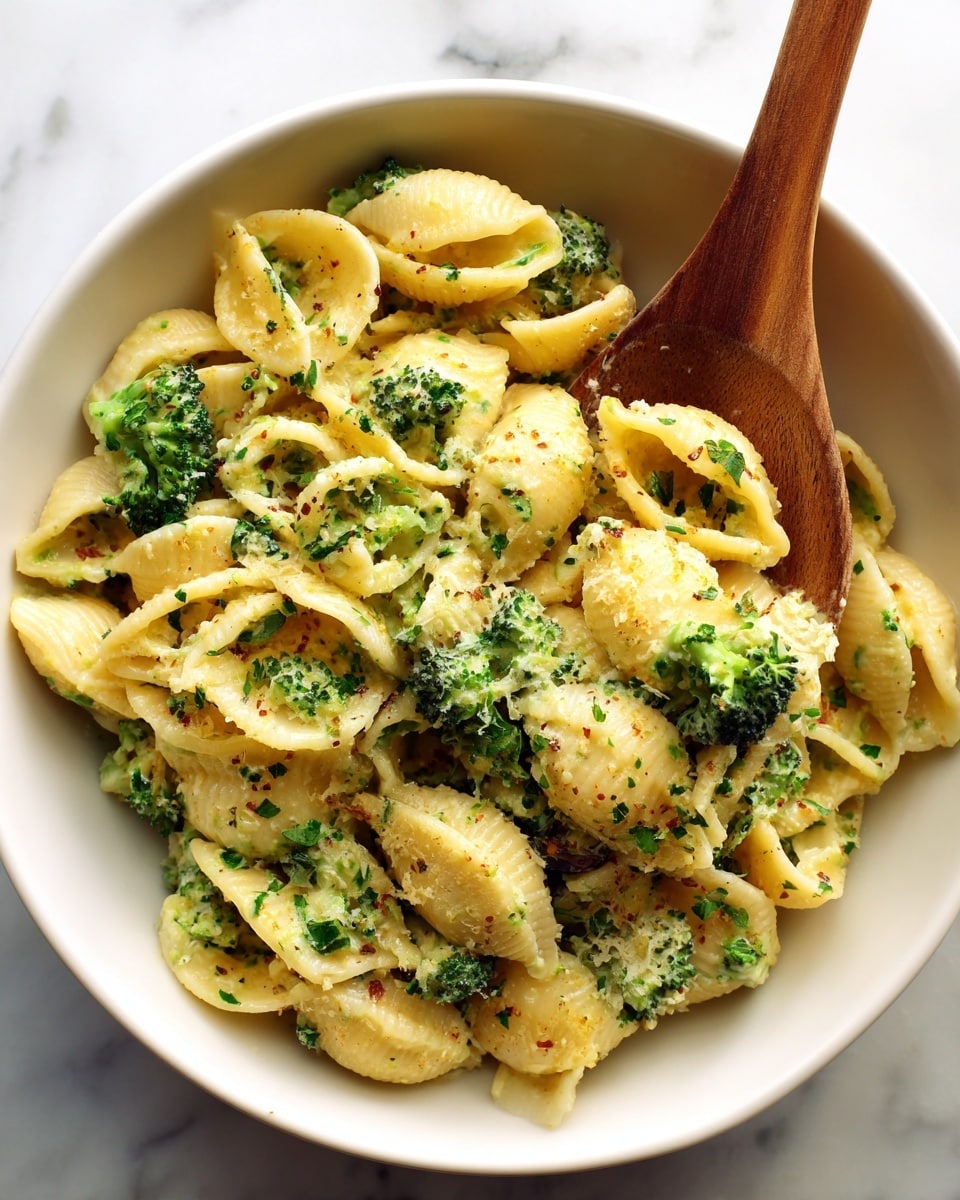 This close-up image shows a creamy pasta dish in a white bowl with shell-shaped pasta mixed with small green broccoli pieces. The pasta is coated in a thick, light yellow sauce with visible green herb specks. A wooden spoon is partly dipped in the dish, lifting some pasta and broccoli. The bowl rests on a white marbled surface. Photo taken with an iphone --ar 4:5 --v 7