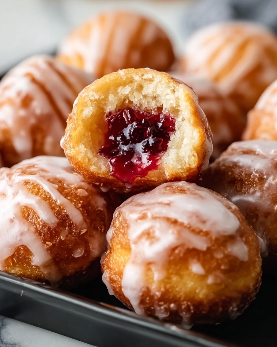 The image shows several round, golden brown fried dough balls with a crispy texture, each drizzled with a shiny white glaze. One dough ball in the front is bitten into, revealing a dark red, glossy jam filling inside. The glaze drips slightly from the edges of the dough balls. They are arranged close together on a black tray, with a white marbled surface visible below. Photo taken with an iphone --ar 4:5 --v 7