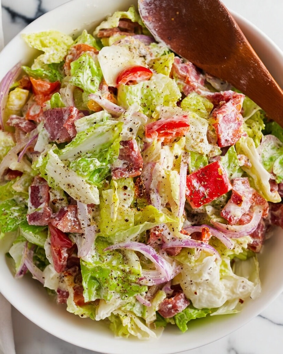 A white bowl filled with a mixed salad showing layers of chopped green lettuce, thin slices of red bell pepper, and rings of purple onion. There are pieces of pinkish-red cured meat mixed throughout, with bits of light yellow cheese and a creamy dressing coating the ingredients. The salad is sprinkled with black pepper on top, and a large wooden spoon rests on the edge of the bowl. The setting includes a white marbled surface. Photo taken with an iphone --ar 4:5 --v 7