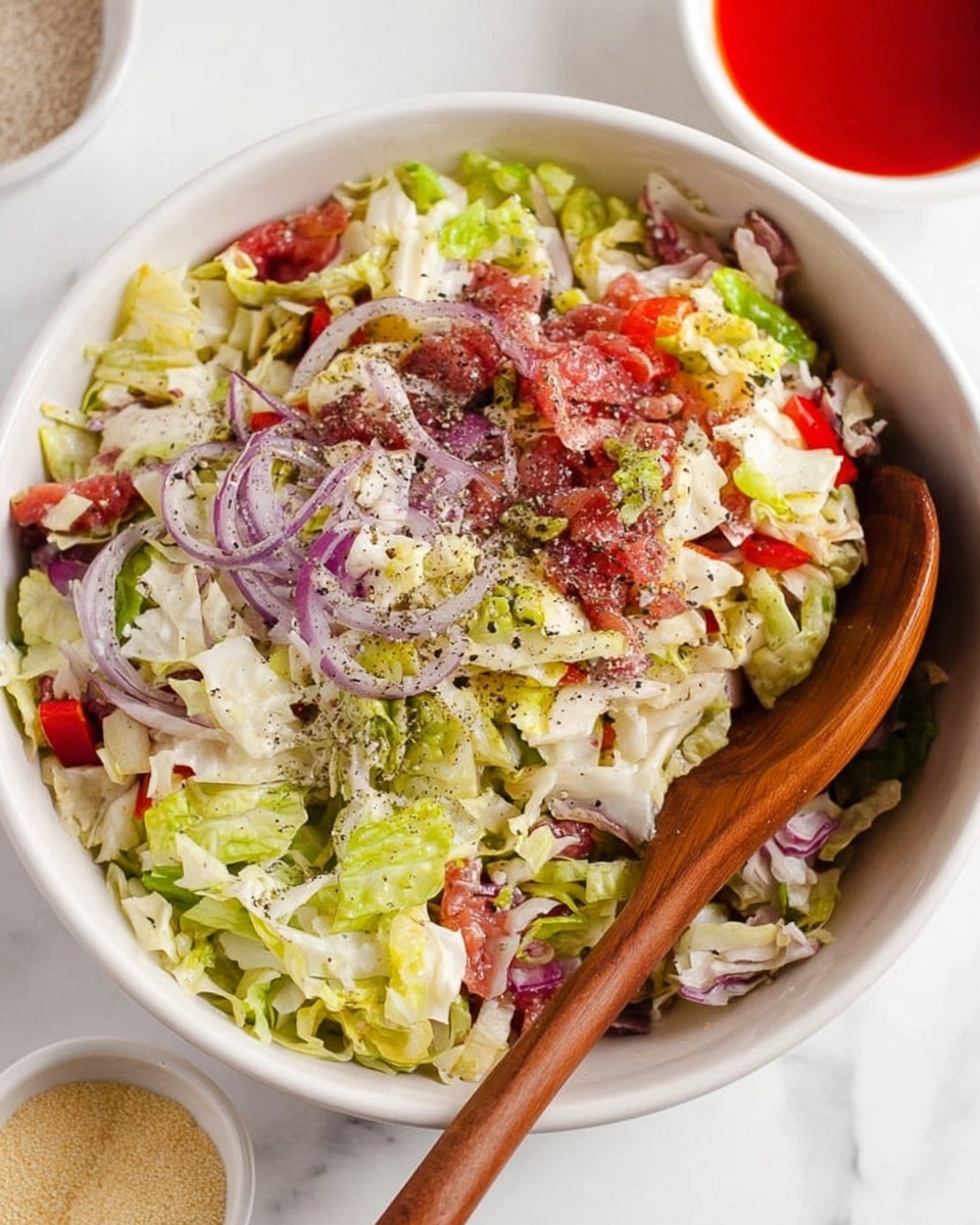 A white bowl is filled with a mixed salad showing three main visible layers: the base layer has light green chopped lettuce with a crisp texture, the middle layer features thin slices of red onion and pieces of red bell pepper giving bursts of purple and red colors, and the top layer includes finely chopped white cabbage sprinkled with ground black pepper. A wooden spoon rests on the right side of the bowl, partially inside the salad. In the background, there is a small white bowl with a red liquid, and another white bowl with beige and green seasoning. The setting is on a white marbled surface. photo taken with an iphone --ar 4:5 --v 7