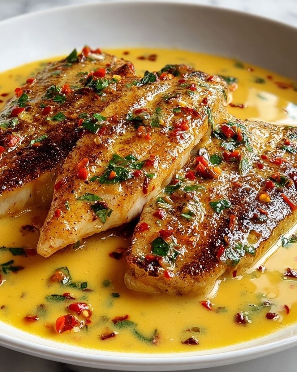 Three grilled fish fillets with a golden-brown, slightly crispy texture sit on a shallow pool of rich, creamy yellow sauce speckled with red chili flakes and fresh green herbs. The fillets are arranged close together on a white plate, with the sauce spreading around and underneath them, giving a shiny, moist look. Small bits of red and green bits are scattered over the fish, adding color contrast. The background is a white marbled texture. Photo taken with an iphone --ar 4:5 --v 7