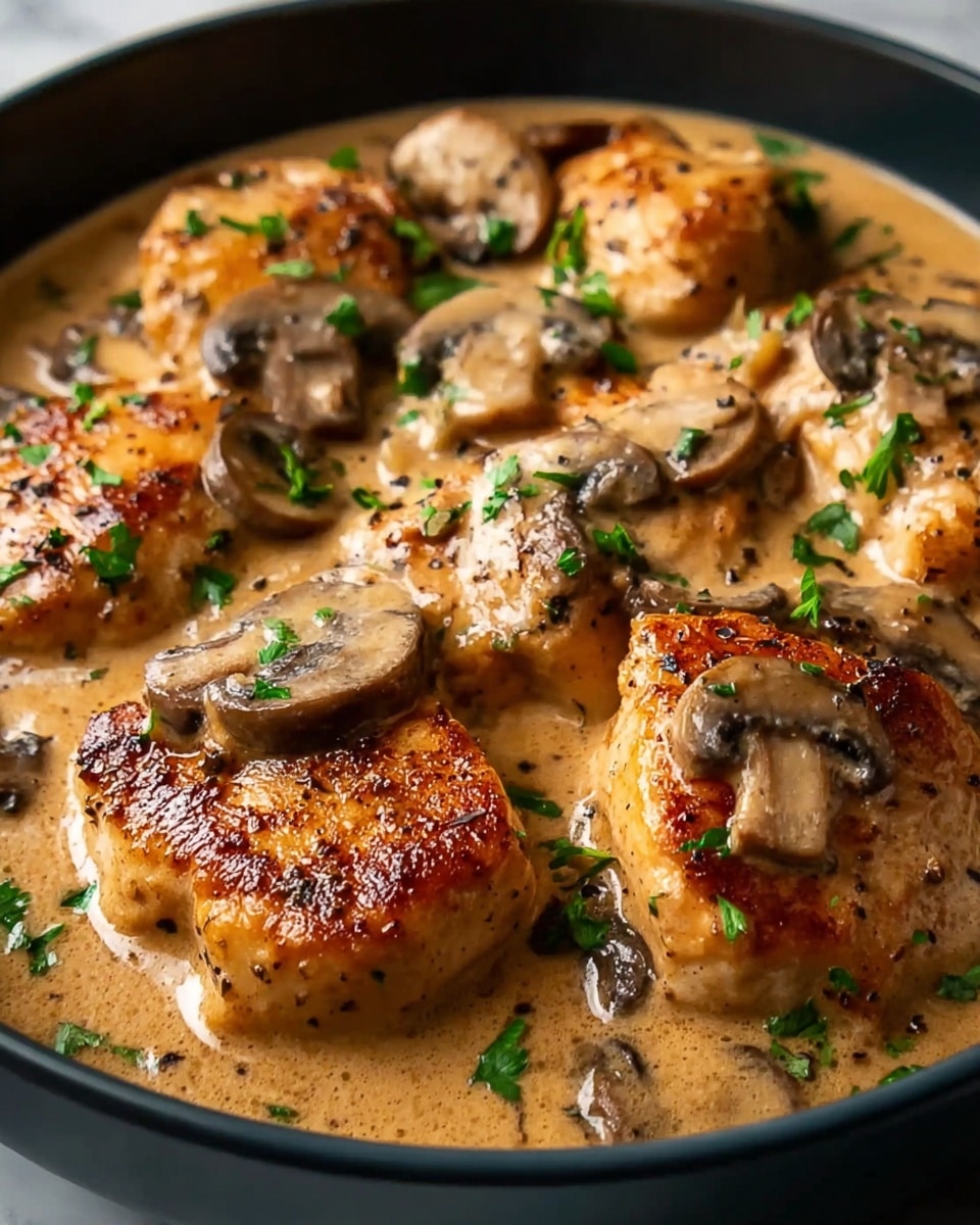 A close-up view of several browned chicken pieces in a thick, creamy light brown sauce with sliced mushrooms scattered throughout. The chicken has a slightly crispy texture with dark brown searmarks, and the sauce is smooth, glossy, and rich. Small green parsley leaves are sprinkled on top, adding contrast to the dish. Everything is contained in a dark bowl set on a white marbled surface. photo taken with an iphone --ar 4:5 --v 7