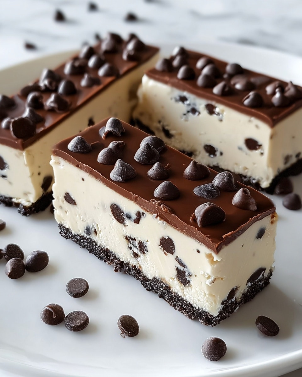 The image shows three rectangular dessert bars on a white plate, placed on a white marbled surface. Each bar has three layers: a dark, crumbly base, a thick middle layer of creamy white filling with scattered dark chocolate chips inside, and a smooth, glossy dark chocolate layer on top. The top chocolate layer is decorated with multiple dark chocolate chips arranged evenly along the length of each bar. Some extra dark chocolate chips are scattered around the plate. One bar has a small bite taken out of it, showing the three layers clearly. Photo taken with an iphone --ar 4:5 --v 7