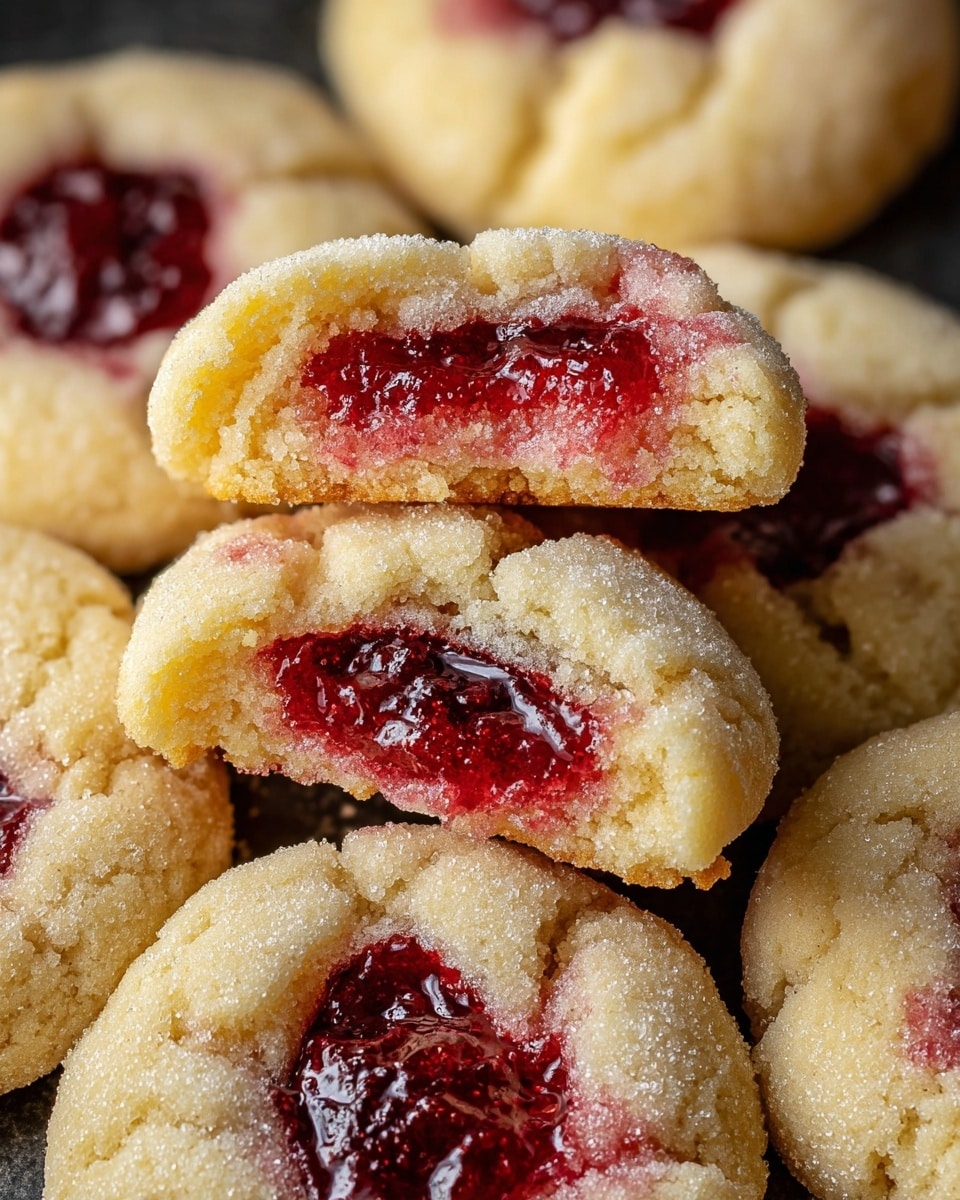 The image shows round cookies with a cracked, pale yellow outer layer sprinkled with granulated sugar, giving a textured and slightly sparkly look. Each cookie has a bright red jam filling in the center, which is glossy and slightly translucent, with some visible berry pieces adding texture. There are two halves of a cookie prominently positioned in the middle, one stacked on top of the other, exposing the rich, gooey red jam inside against the soft crumbly yellow dough. The rest of the cookies are whole, arranged close together on a dark surface. The light highlights the sugar crystals and the shiny jam, making the cookies look fresh and soft photo taken with an iphone --ar 4:5 --v 7