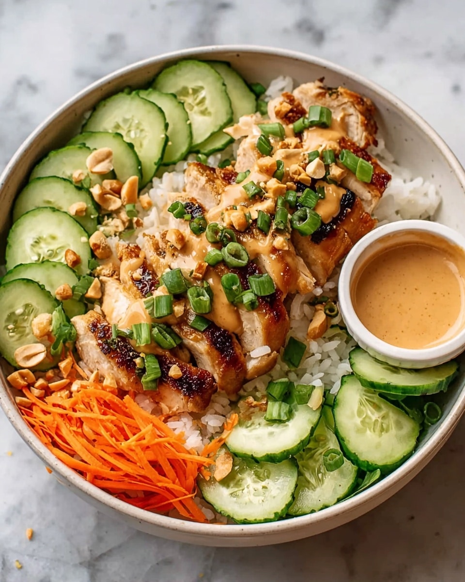 A white bowl filled with a base layer of white rice, topped with grilled chicken slices arranged in the center with a golden-brown charred texture, drizzled with a creamy light brown sauce and sprinkled with chopped green onions and crushed peanuts. On the left side, thin cucumber slices with a fresh green color and a few peanuts on top, while on the far left, shredded bright orange carrots add a vibrant contrast. On the right side, more fresh cucumber slices arranged in a circular flower pattern, and a small round white bowl filled with creamy light brown sauce sits at the back. All is set on a white marbled textured surface. photo taken with an iphone --ar 4:5 --v 7