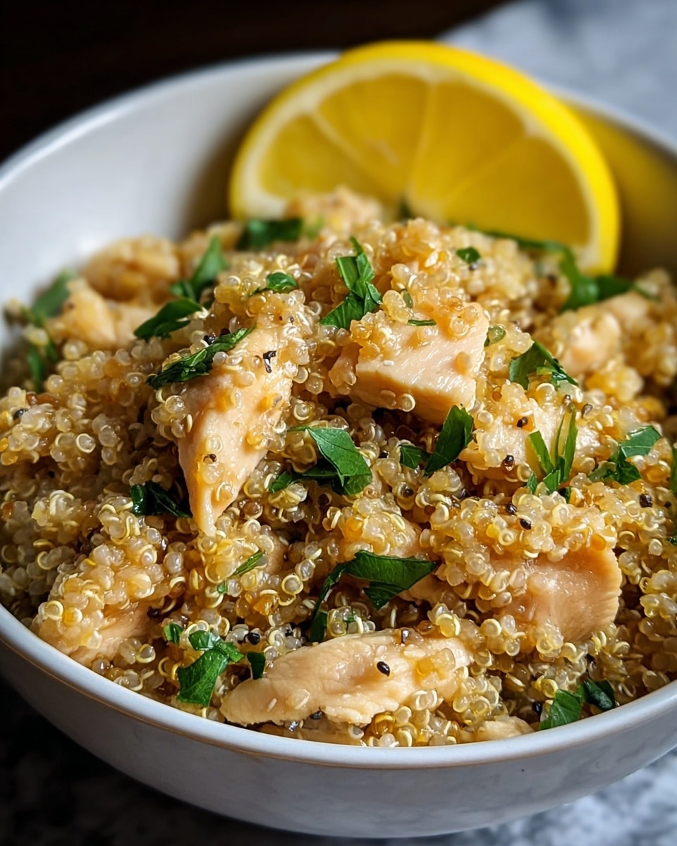 A close-up of a bowl filled with cooked quinoa mixed with small pieces of light golden chicken. The quinoa has a translucent, slightly shiny texture with tiny seeds visible throughout. Green chopped herbs are sprinkled on top, adding a fresh pop of color. Behind the quinoa and chicken, against the inner edge of the white bowl, there is a bright yellow lemon wedge standing upright. The bowl sits on a white marbled surface, creating a clean and simple background. photo taken with an iphone --ar 4:5 --v 7