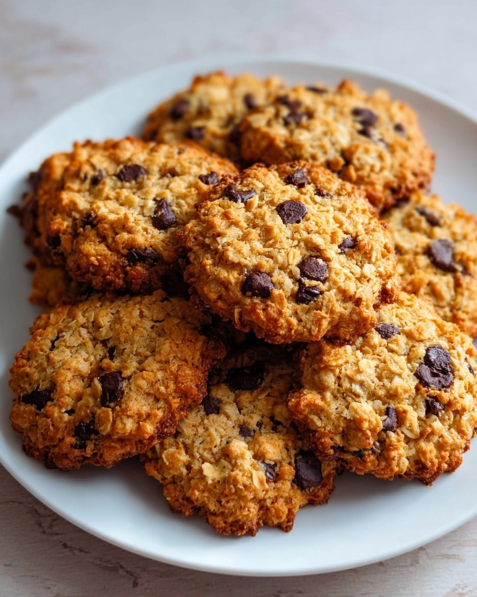 A white plate holds about eight oatmeal cookies with visible chocolate chips. Each cookie is golden brown with a rough, crumbly texture showing bits of oats and melted chocolate scattered unevenly across the surface. The edges of the cookies are slightly darker and crispier, giving a crunchy look. The cookies are piled on the plate, overlapping each other slightly. The background is a white marbled texture. photo taken with an iphone --ar 4:5 --v 7