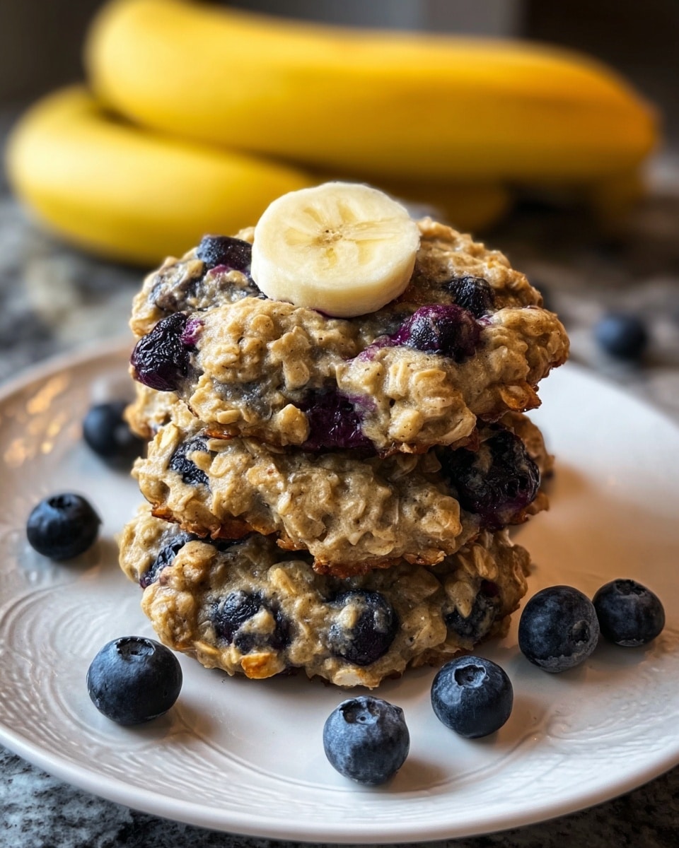 A stack of three oatmeal blueberry cookies sits on a white plate with subtle embossed patterns, placed on a white marbled surface. Each cookie is light brown with visible oats and embedded dark purple blueberries, giving a textured look. The top cookie is decorated with a fresh banana slice in the center, and the cookie below also shows a banana slice near its edge. Scattered around the plate are several whole blueberries, adding bright blue pops of color. In the background, a ripe yellow banana leans against a dark, blurred surface. The photo is close up, focusing on the cookies’ rough, crumbly texture. photo taken with an iphone --ar 4:5 --v 7