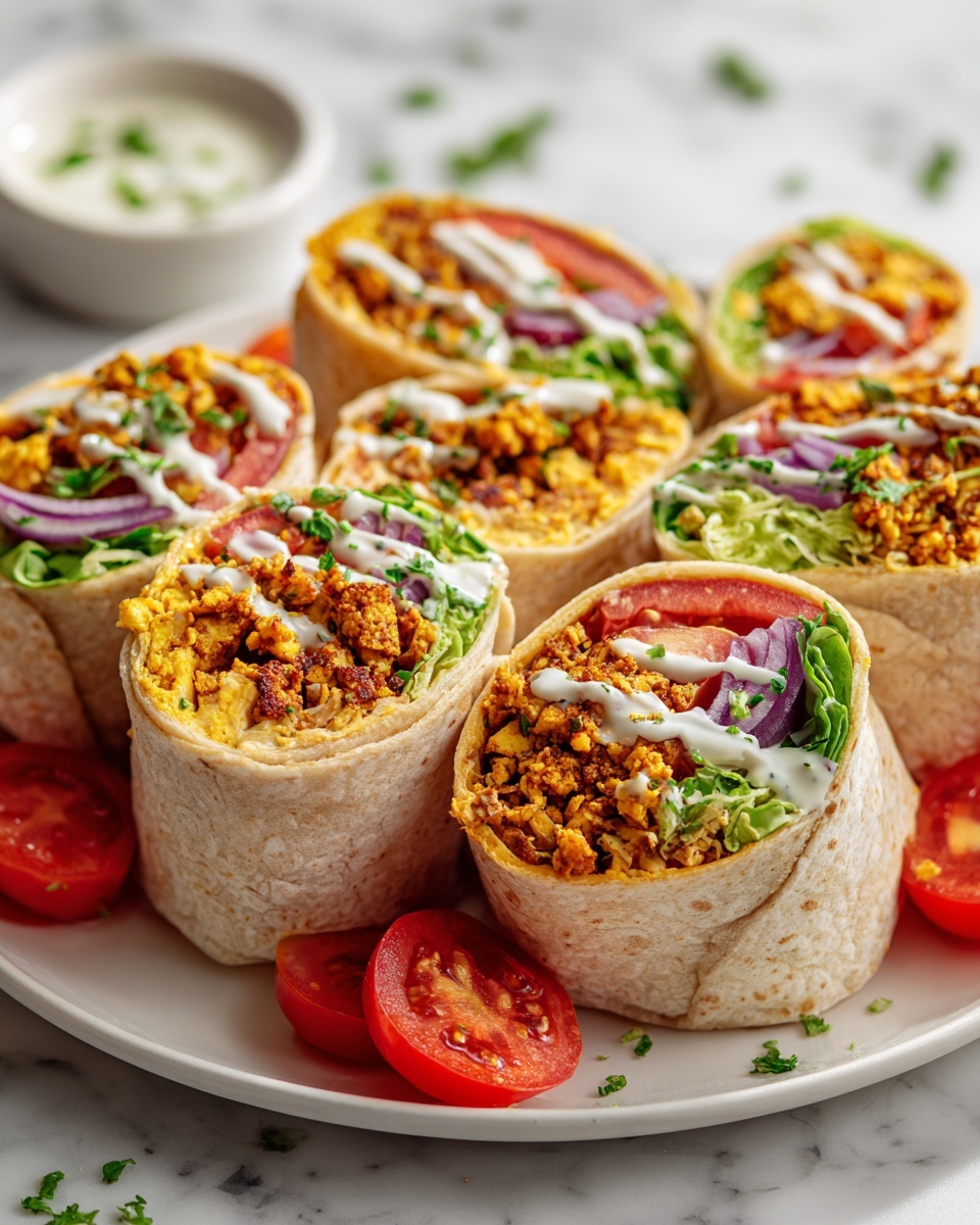 Five wraps are cut in half and arranged on a white round plate on a white marbled table. Each wrap has four visible layers: the outer layer is a light tan soft tortilla, inside there is a layer of shredded green lettuce, followed by bright red tomato slices and purple onion rings, then a crumbly orange-yellow tofu scramble mixed with brown spices, topped with a drizzle of white sauce and green chopped herbs scattered on top. There are extra tomato wedges placed around the plate. photo taken with an iphone --ar 4:5 --v 7