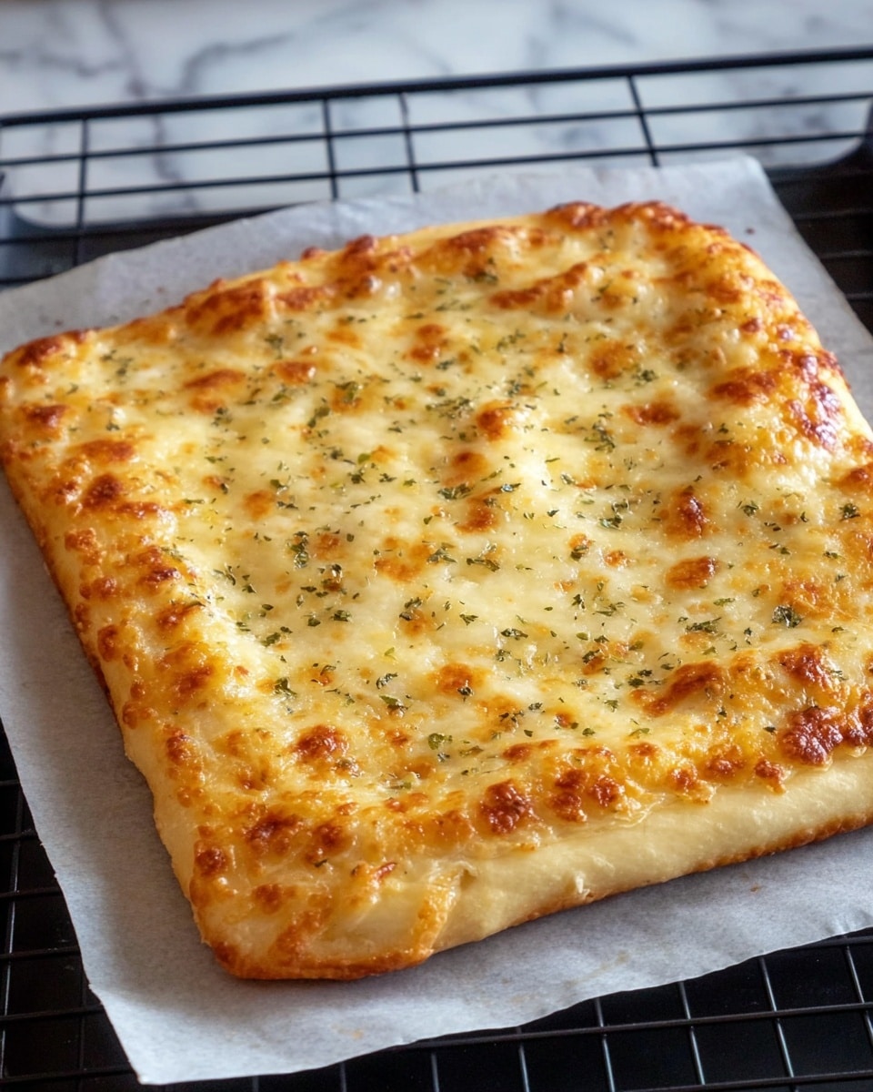 A square pizza with a golden, slightly puffy crust forms the base layer, topped with melted cheese that is light yellow with small brown spots of crisping and sprinkled lightly with green herbs. The edges are risen and golden brown, showing a soft, bubbly texture beneath the cheese. The pizza sits on a sheet of white parchment paper, placed on a black cooling rack against a white marbled surface. photo taken with an iphone --ar 4:5 --v 7