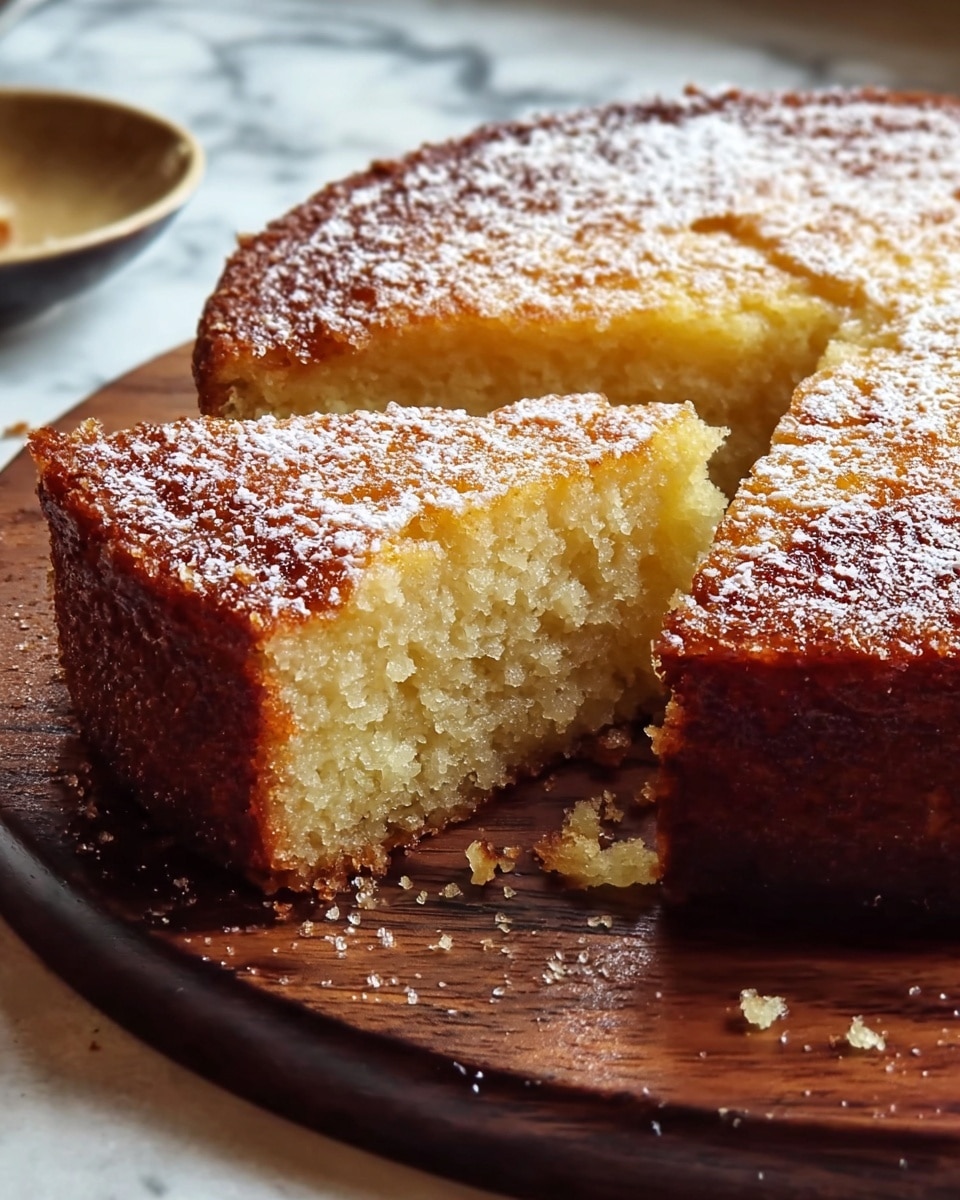 A close-up of a round cake with one slice cut out, showing its soft, moist, light yellow inside with slightly crumbly texture; the cake has a golden-brown, slightly crispy top layer dusted lightly with powdered sugar. The cake is on a dark wooden board with some crumbs scattered around, all placed on a white marbled texture surface. Photo taken with an iphone --ar 4:5 --v 7