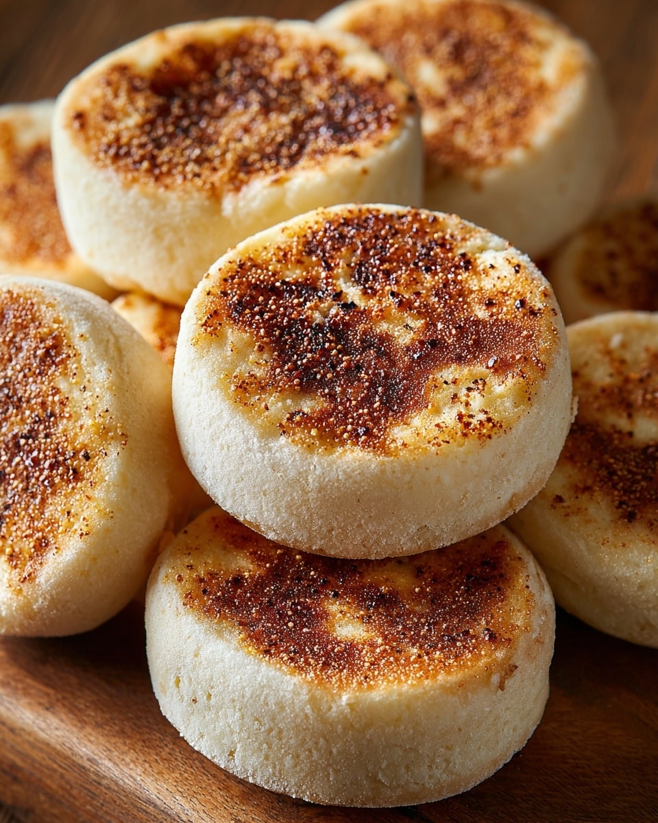 Several small, round English muffins are stacked closely together on a wooden surface. Each muffin has a light golden-brown toasted top speckled with coarse cornmeal, while the sides are pale and soft-looking with a slightly uneven texture. The muffins show a gentle rise with subtle bulges, indicating a fluffy inside, and the toasted parts vary slightly in shade, from light to darker golden brown. photo taken with an iphone --ar 4:5 --v 7