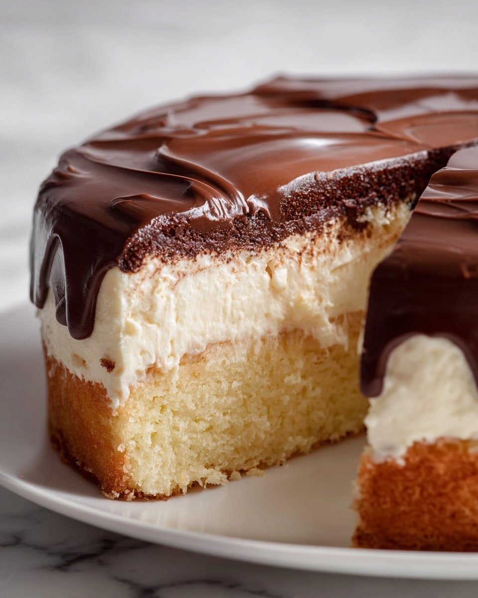 A close-up view of a three-layer cake on a white plate. The bottom layer is a light yellow, moist-looking sponge cake with a slightly rough texture. The middle layer is a thick, creamy white frosting that appears smooth but rich, with a fluffy consistency. The top layer is a dark brown, crumbly cake layer topped by a shiny, smooth dark chocolate glaze that drips slightly over the side, with subtle swirls of chocolate on the surface. The cake is set on a white marbled texture background. photo taken with an iphone --ar 4:5 --v 7