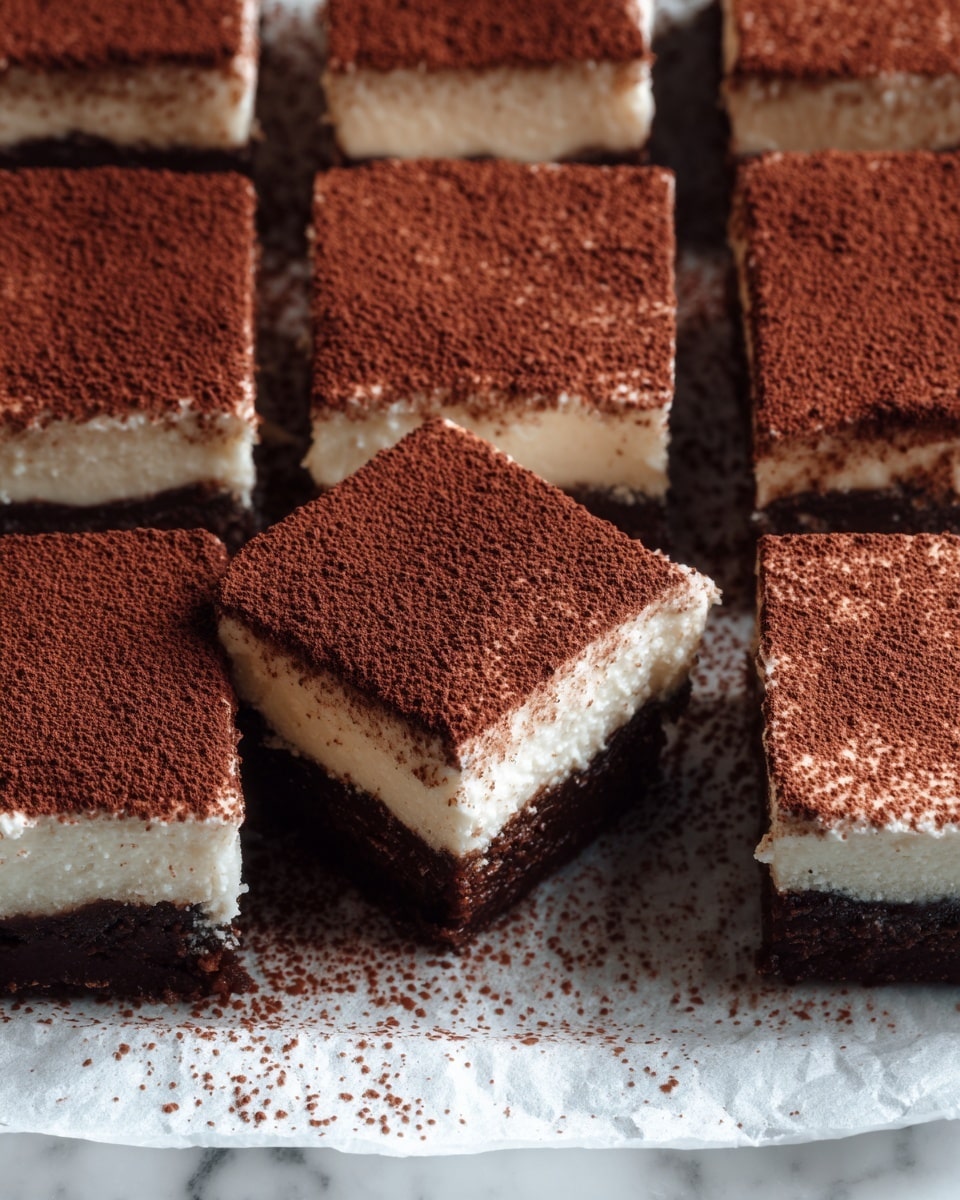 A close-up of square chocolate and cream layered dessert bars arranged closely on white parchment paper over a white marbled surface, each piece dusted with a thick layer of dark brown cocoa powder on top; the dessert shows two distinct layers with the bottom layer being rich, dark chocolate cake and the top layer a smooth, light cream, soft in texture, with one piece partially exposed to reveal the clear separation of the creamy top and dense chocolate bottom; some cocoa powder slightly scattered around the edges on the parchment. Photo taken with an iphone --ar 4:5 --v 7