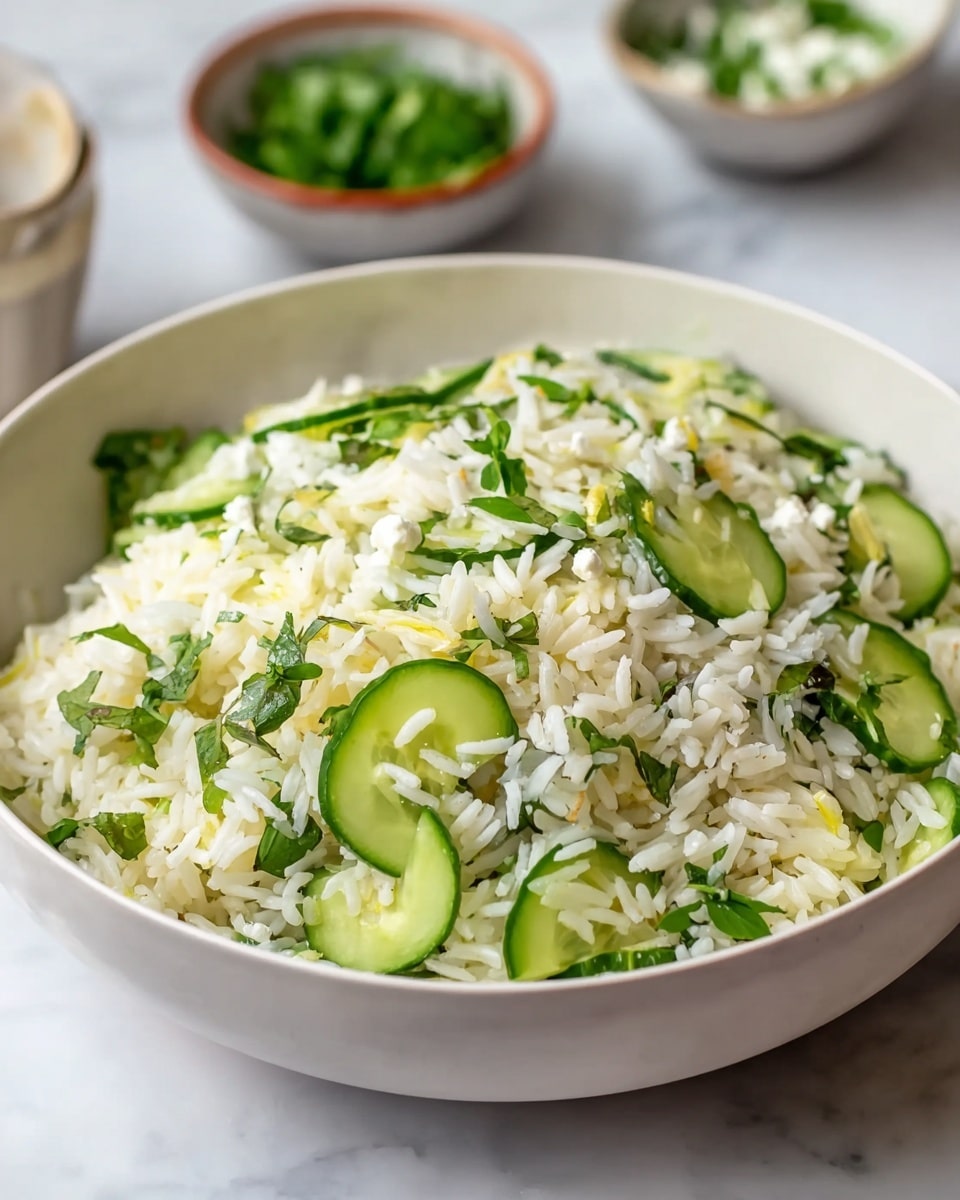A large white bowl filled with a fresh rice salad, showing long grains of white rice mixed evenly with thin, semi-circular slices of light green cucumber and small pieces of green leafy herbs scattered throughout. There are small white crumbly bits, likely cheese, sprinkled on top, adding texture and contrast. The bowl is placed on a white marbled surface, and slightly blurred in the background are two bowls, one with chopped green herbs and another with a white ingredient. Photo taken with an iphone --ar 4:5 --v 7