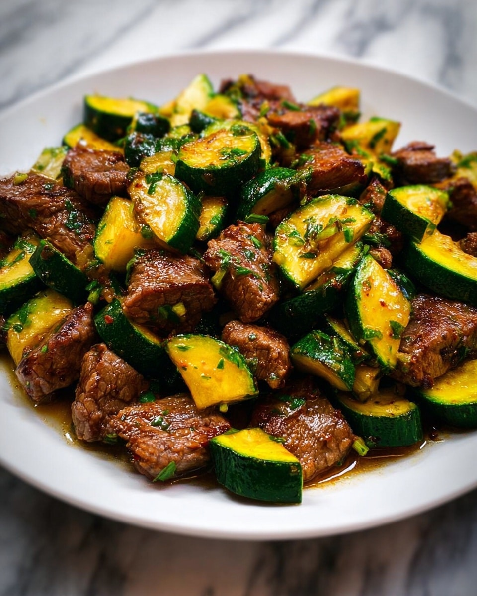 The image shows a dish on a white plate filled with cooked diced beef and sliced zucchini. The beef pieces are browned with a slightly crispy texture on the outside, showing small flecks of green herbs on top. The zucchini slices are green with bright yellow centers and appear soft and lightly cooked, mixed evenly with the beef. Both ingredients glisten with a light sauce or oil that highlights their textures and colors. The dish is set on a white marbled surface, with a shallow depth of field focusing on the food in the center. photo taken with an iphone --ar 4:5 --v 7
