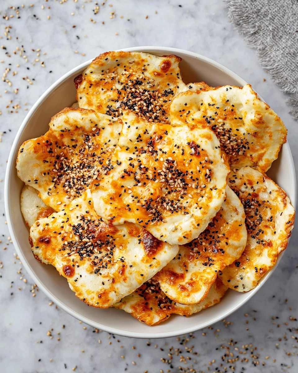 A white bowl filled with about ten irregularly shaped, golden-brown baked cheese crisps, each with a slightly puffy texture and browned edges. The crisps have a creamy white base color with melted orange cheese swirls on top, sprinkled evenly with small black and white seeds. The bowl is placed on a white marbled surface with scattered seeds around it, giving a rustic and fresh look. photo taken with an iphone --ar 4:5 --v 7