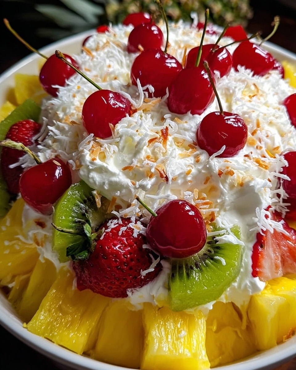 The dish shows a white bowl filled with three main layers: the bottom layer is bright yellow pineapple chunks; the middle layer consists of green kiwi slices and red strawberries with green leaves still attached; the top layer is fluffy white whipped cream sprinkled with toasted white shredded coconut and red cherries with stems, all arranged closely together to cover the fruits underneath. photo taken with an iphone --ar 4:5 --v 7