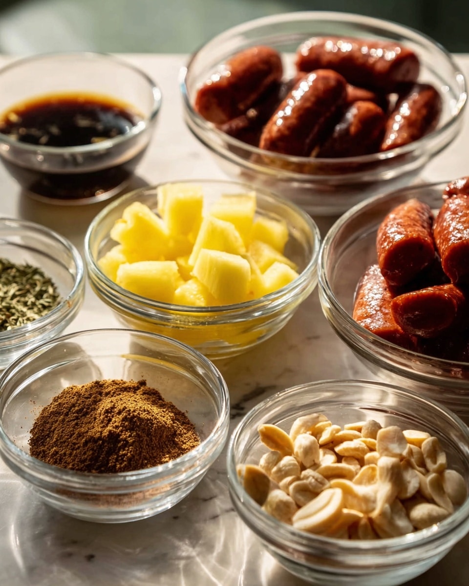 A close-up of a white bowl filled with thick chunks of glazed sausage and bright yellow pineapple pieces mixed together. The sausages have a shiny, caramelized brown outer layer with hints of red from the glaze, making them look juicy and rich. The pineapple cubes are juicy and slightly translucent, adding a fresh contrast in color and texture. Small bits of green herbs are sprinkled on top, giving a fresh touch to the warm tones of the dish. The bowl sits on a white marbled surface, and the photo has a warm, inviting light. photo taken with an iphone --ar 4:5 --v 7